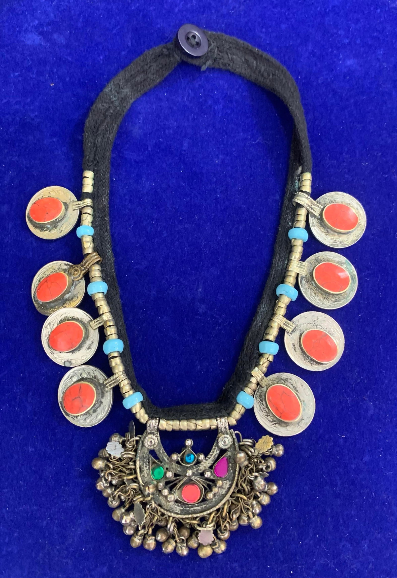 Mid 20th Century Afghan Tribal Kuchi Pendant Necklace Boho Jewelry Made With Coral and Turquoise - 2