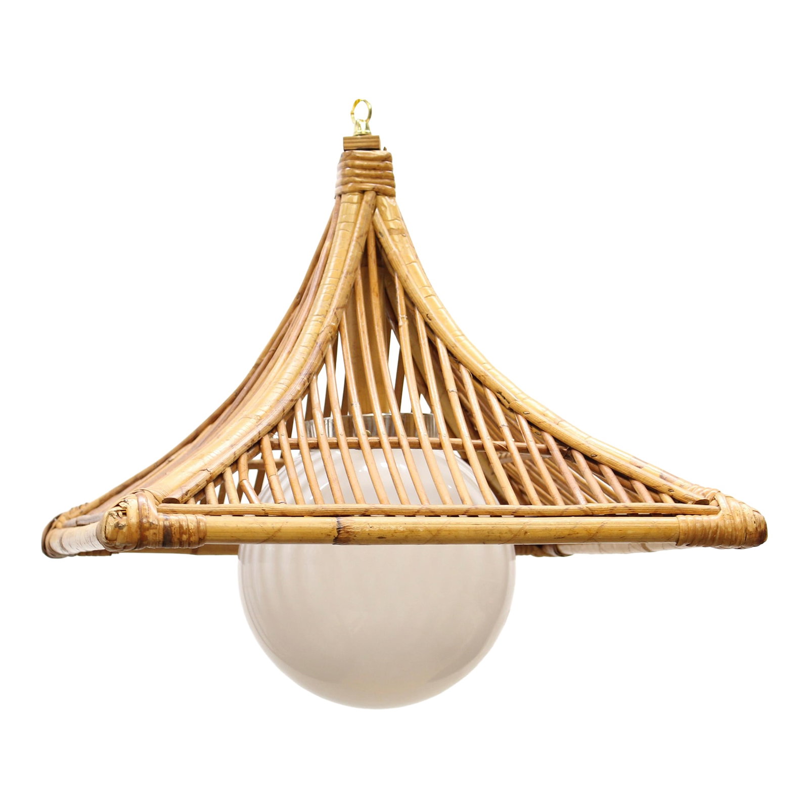 Large Vintage Bamboo Swag Lamp Hanging Light: Large square bamboo frame over a white glass orb light. On/off switch on cord, long brass finish chain. Condition: Very good+ vintage condition Dimensions: 14" H x 17"W x 17" D Condition: