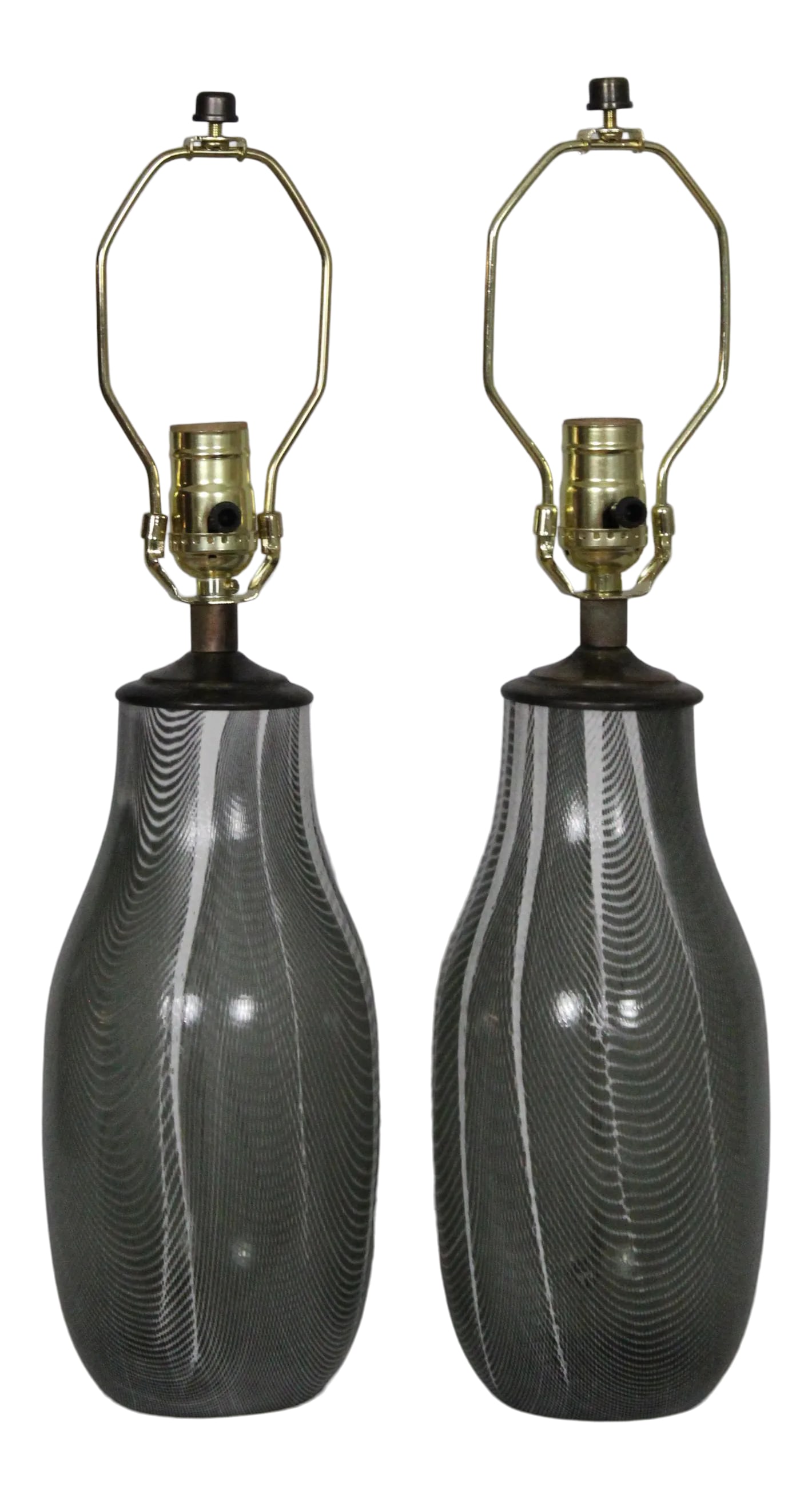 Mid 20th Century Petite Herringbone Murano Lamps - a Pair: A petite pair of Mezza Murano style table lamps. Hand blown. Oyster gray with stretch patterns of alabaster white, creating similarities to herringbone. Each piece slightly different and unusual. All 