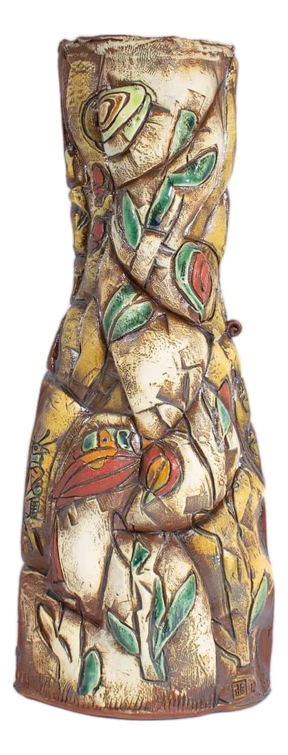 2012 Signed Studio Pottery Floor Vase Barry Unitas Barnes: A 2012 signed studio pottery floor vase by the American artist Barry Unitas Barnes. This floor vase has an hourglass shape with an undulating pattern full of warm browns, whites, yellows, greens, and