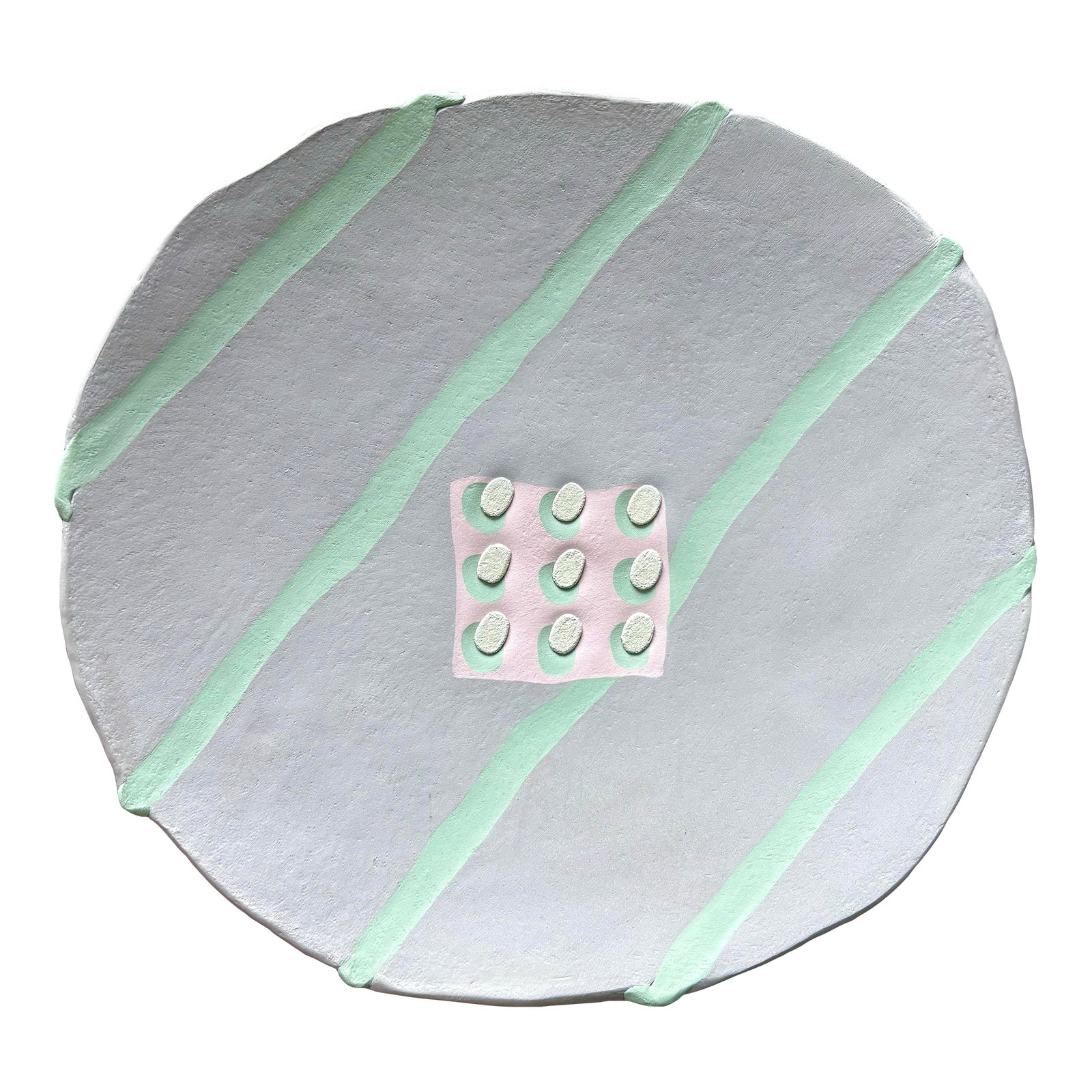 Post Modern Marcy Glick Memphis New Wave Pastel Hand Built Studio Pottery Plate 1988: Unique hand built pottery plate in the Memphis post modern style. New wave feel with pastel colors and optical grid adornments. Hand signed the artist Marcy Glick and copyrighted 1988. 8" wide Excelle
