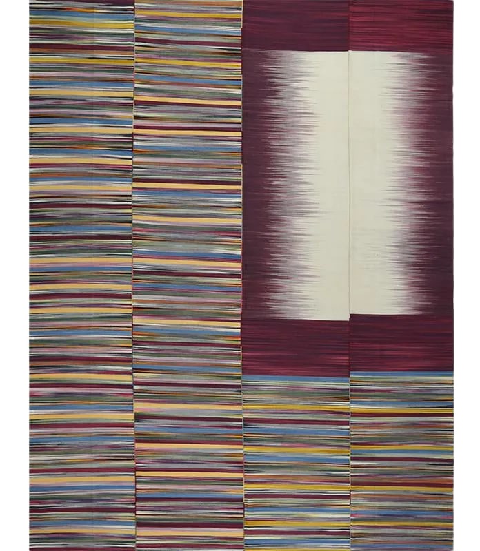 Handwoven Scandinavian Style Persian Kilim Rug 10'0'' X 13'2'': This remarkable contemporary Scandinavian Style Kilim area rug features a dramatic pop of electrifying colors in a playfully rich design. The innovative modern use of colors certainly brings a tantali