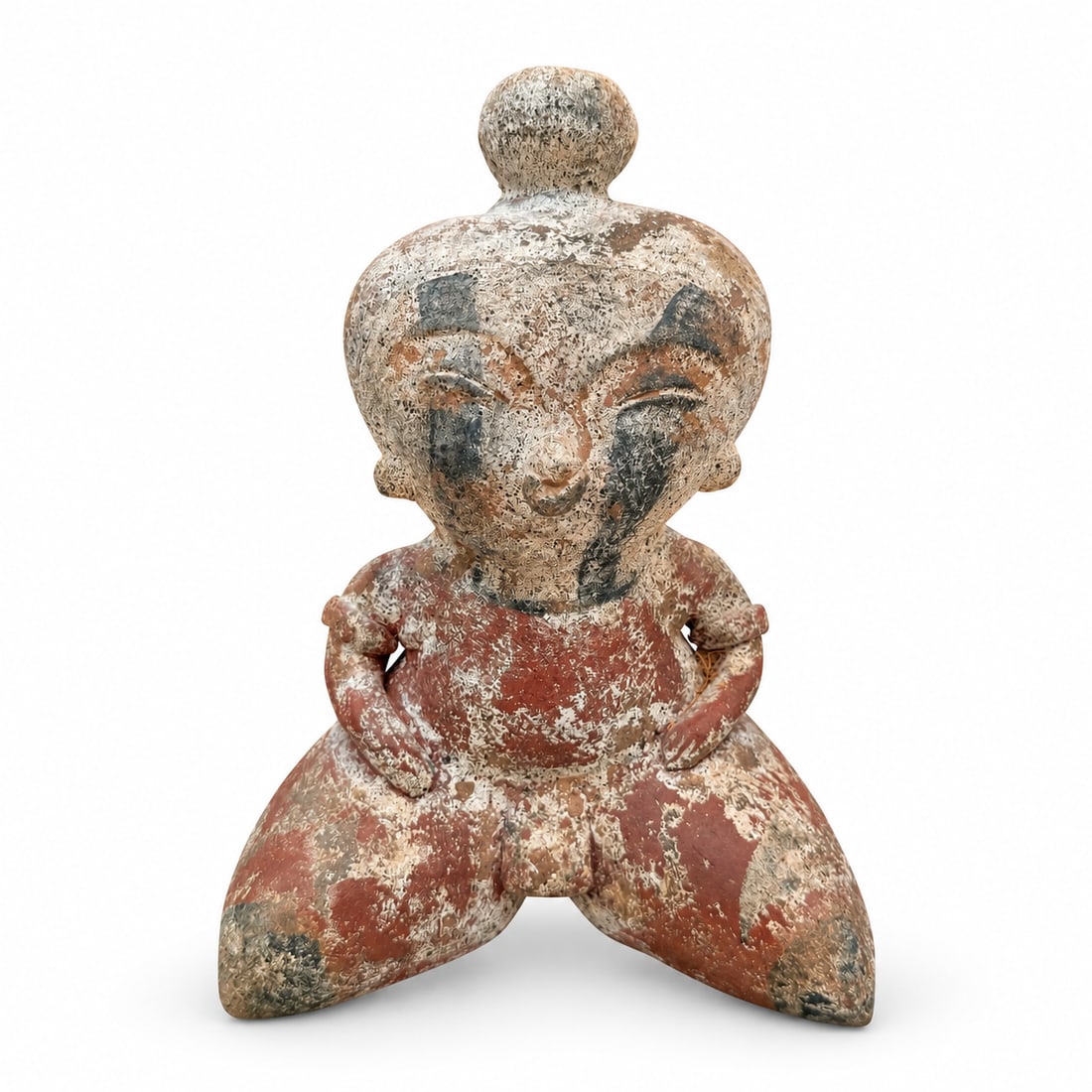 Nayarit Chinesco Female Figurine: Pre-Columbian, West Mexico, Nayarit, Chinesco Type C, Protoclassic Period, ca. 100 BCE to 250 CE. An impressively intact, hand-built pottery female figure rendered in the distinctive Chinesco Type C v