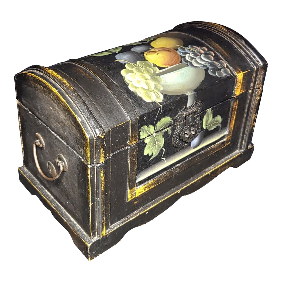 Vintage Hand Painted Wooden Dome Lidded Table Chest: This is a vintage hand painted wooden dome lidded hinged table chest. It has the original metal locking mechanism, a metal handle on each side, 2 hinges in the back and also an inner metal hinge mecha
