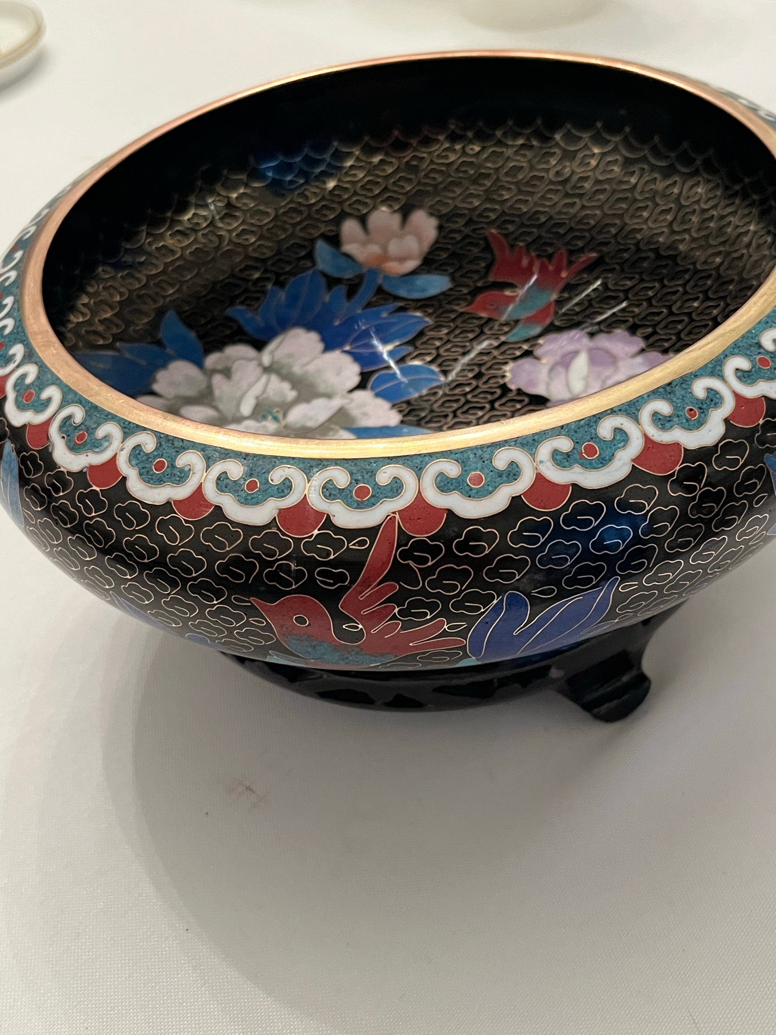 Chinese Cloisonne Black Enamel Bowl, Flowers and Birds, 8" With Stand - 10