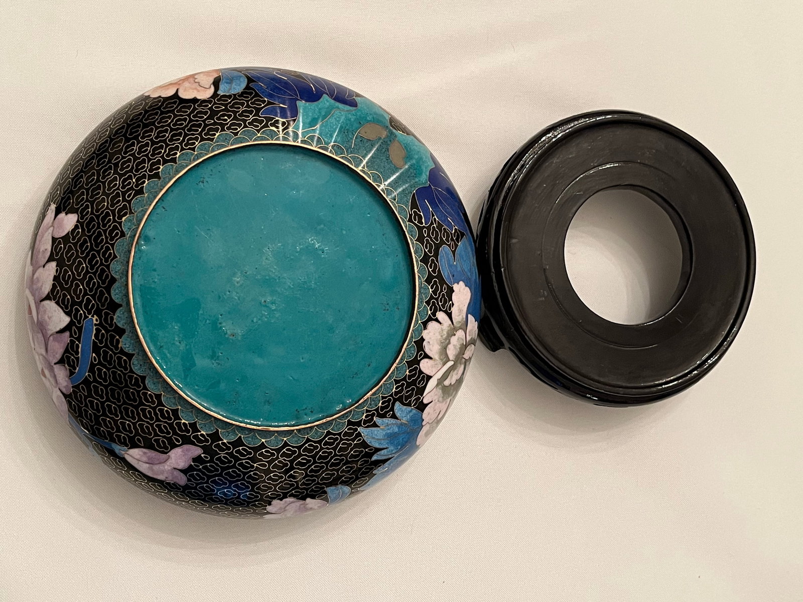 Chinese Cloisonne Black Enamel Bowl, Flowers and Birds, 8" With Stand - 12