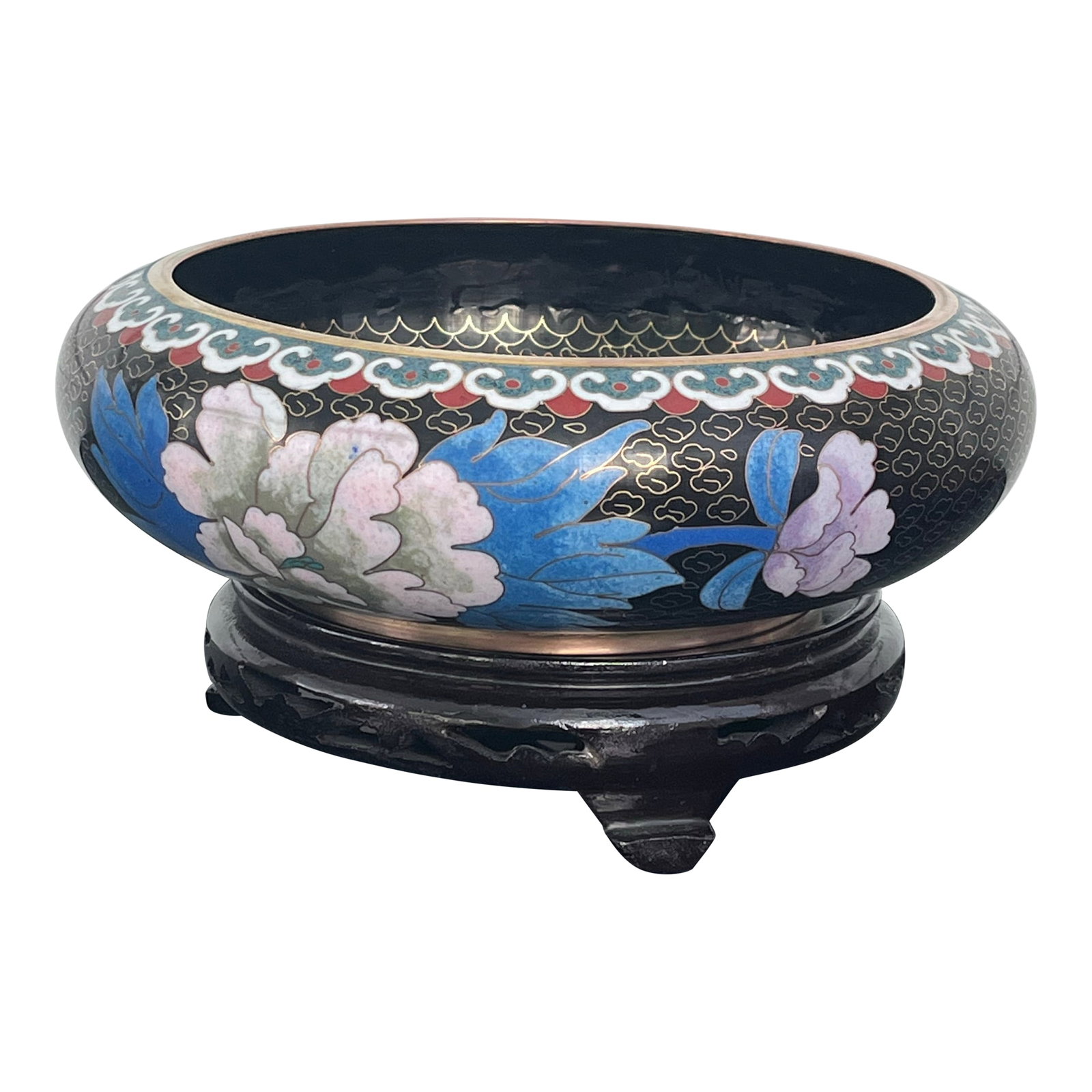 Chinese Cloisonne Black Enamel Bowl, Flowers and Birds, 8" With Stand: Chinese Cloisonne Bowl with Carved Wooden Stand Peony Enamel Bowl on Black Background China Early 20th Century Vintage Chinese cloisonne bowl from the early 20th century features vibrant peonies and