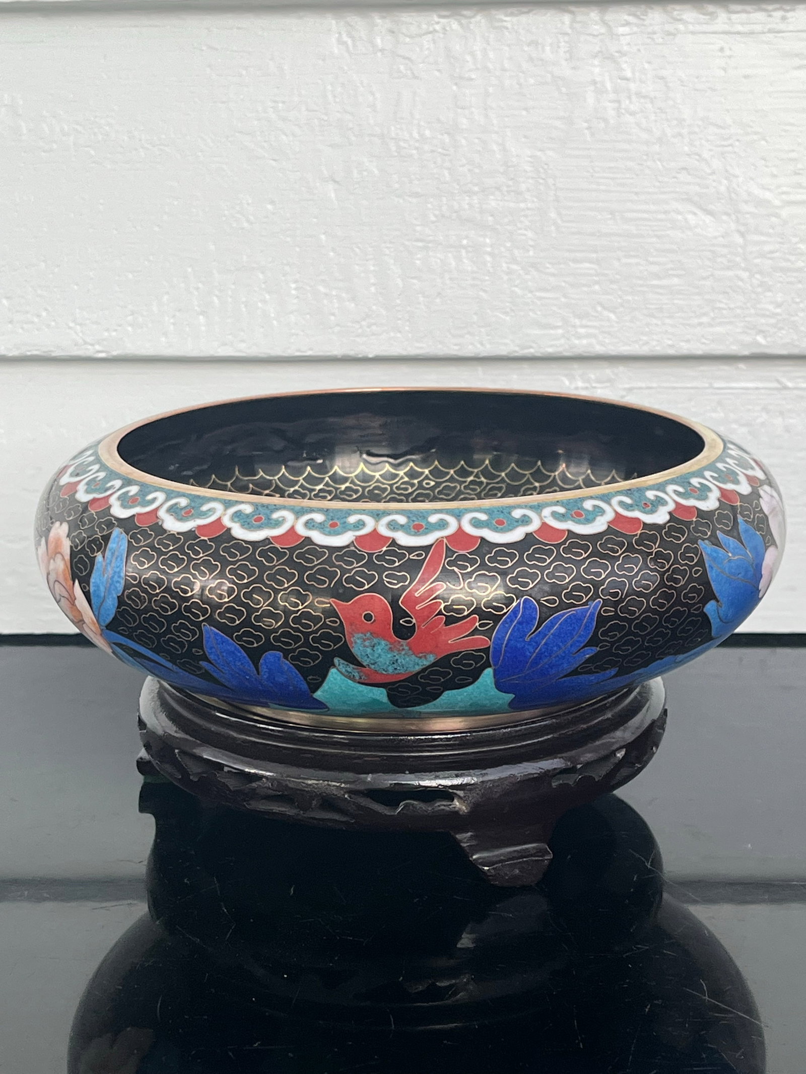 Chinese Cloisonne Black Enamel Bowl, Flowers and Birds, 8" With Stand - 2