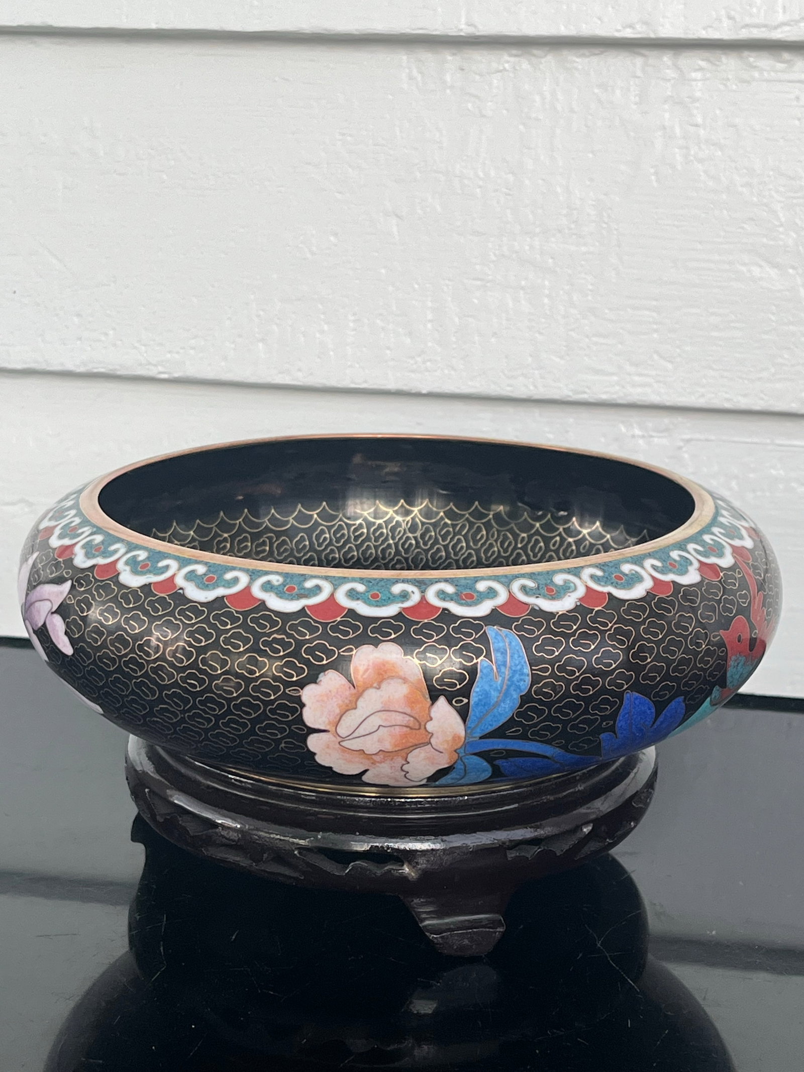 Chinese Cloisonne Black Enamel Bowl, Flowers and Birds, 8" With Stand - 3