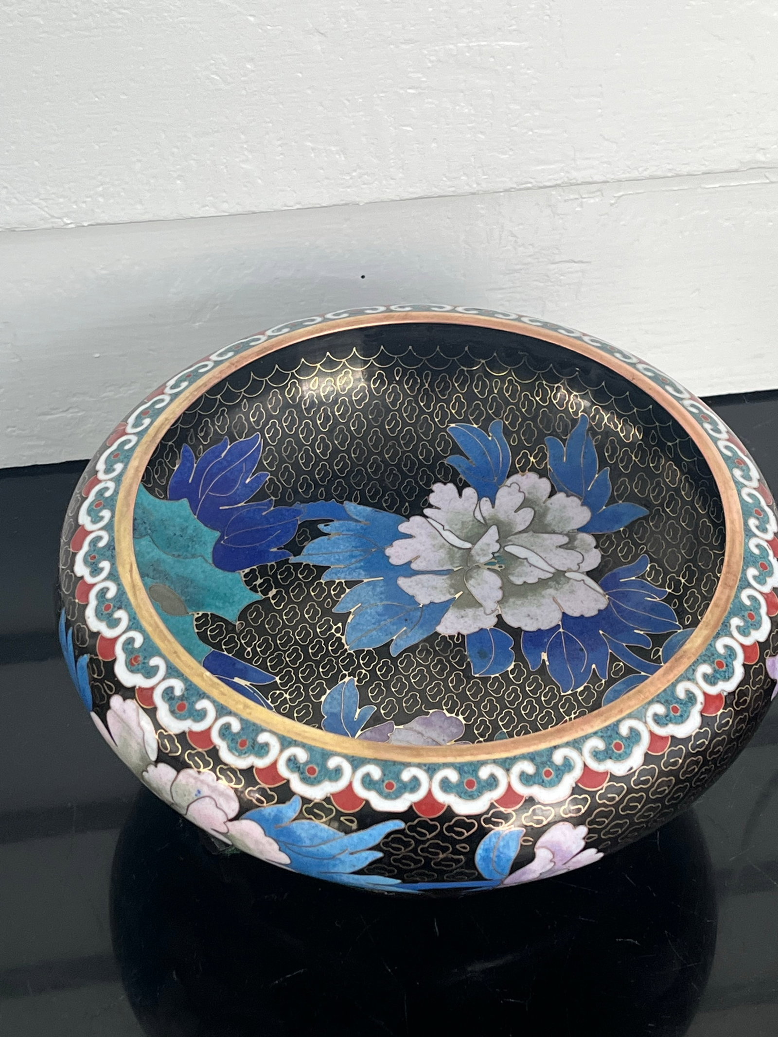 Chinese Cloisonne Black Enamel Bowl, Flowers and Birds, 8" With Stand - 4