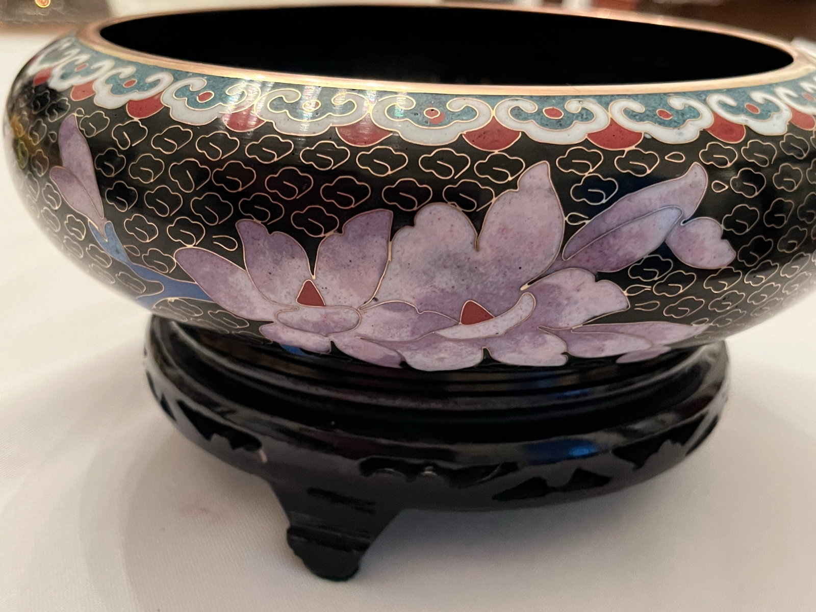Chinese Cloisonne Black Enamel Bowl, Flowers and Birds, 8" With Stand - 5