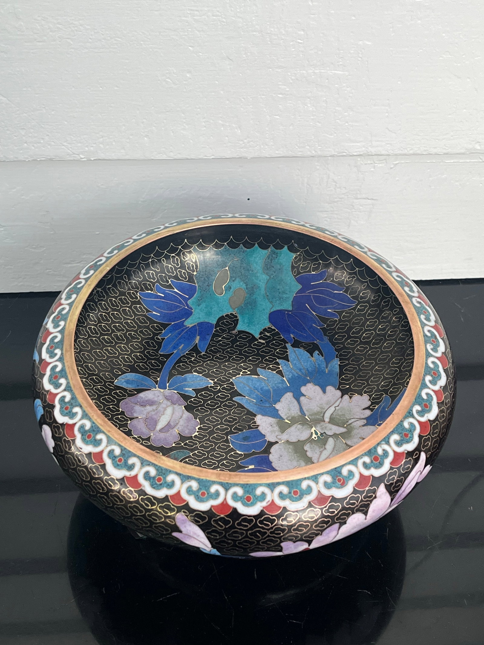 Chinese Cloisonne Black Enamel Bowl, Flowers and Birds, 8" With Stand - 6
