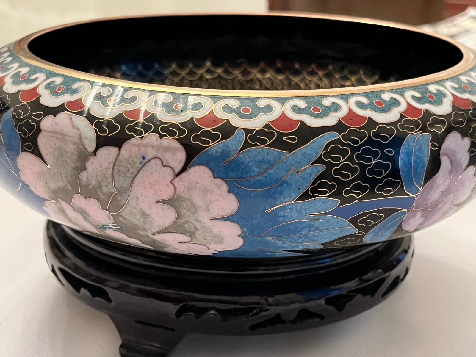 Chinese Cloisonne Black Enamel Bowl, Flowers and Birds, 8" With Stand - 7