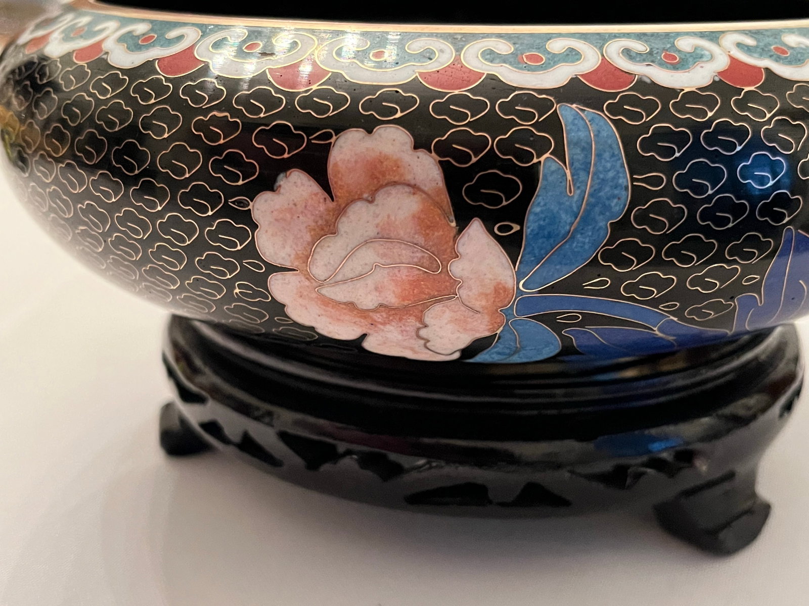 Chinese Cloisonne Black Enamel Bowl, Flowers and Birds, 8" With Stand - 8
