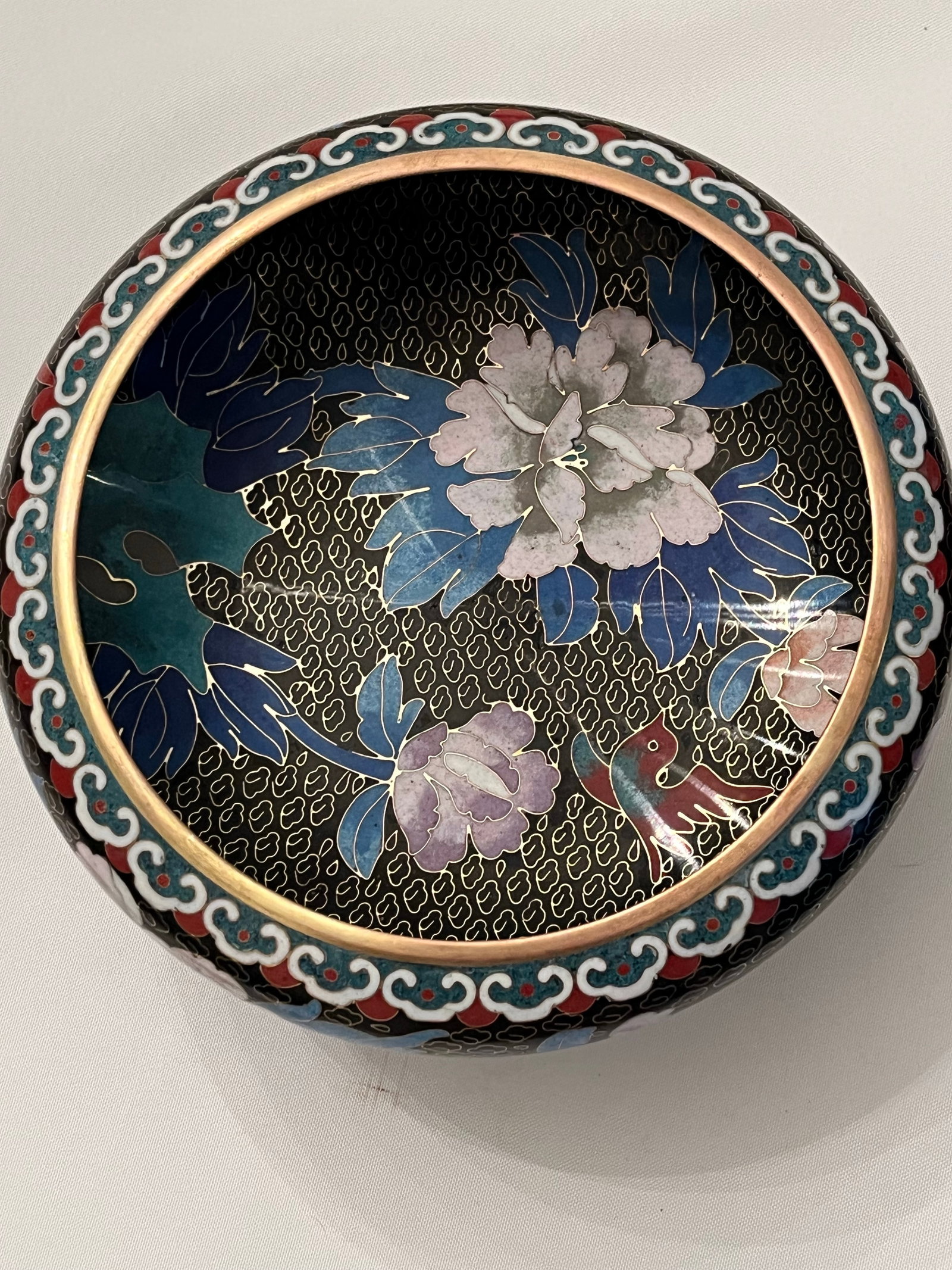 Chinese Cloisonne Black Enamel Bowl, Flowers and Birds, 8" With Stand - 9