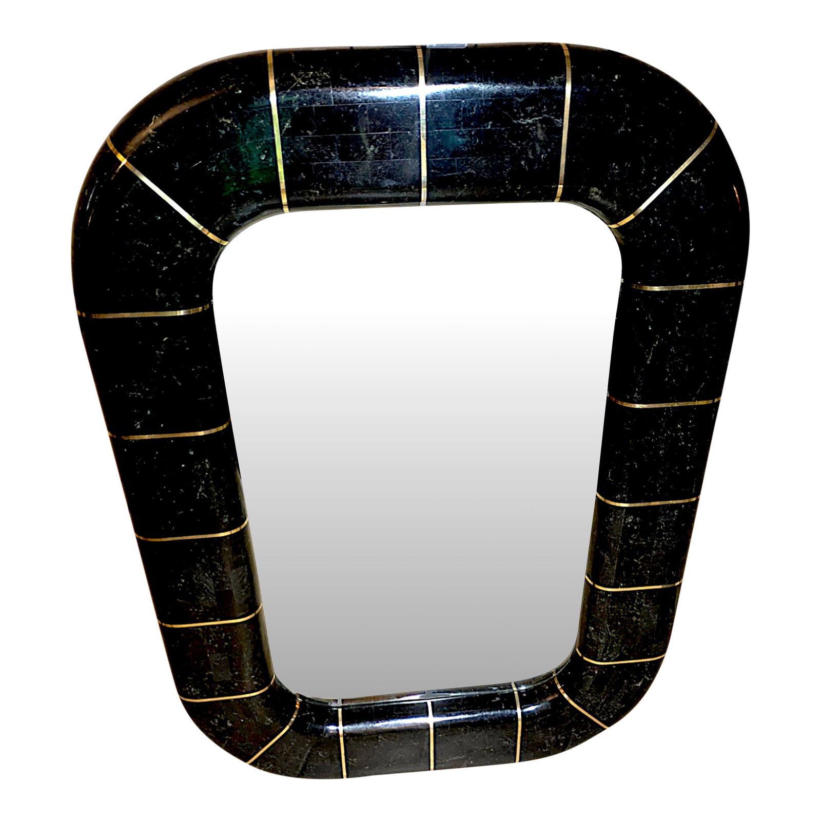 1980s Postmodern Tessellated Stone Wall Mirror Inlaid Brass Spokes Attrib. Maitland-Smith: An Art Deco inspired jet black tessellated marble stonewall mirror with spokes of inlaid brass. The mirror has a 1" bevel that follows the inside of the racetrack shaped frame. The bold 2" deep by