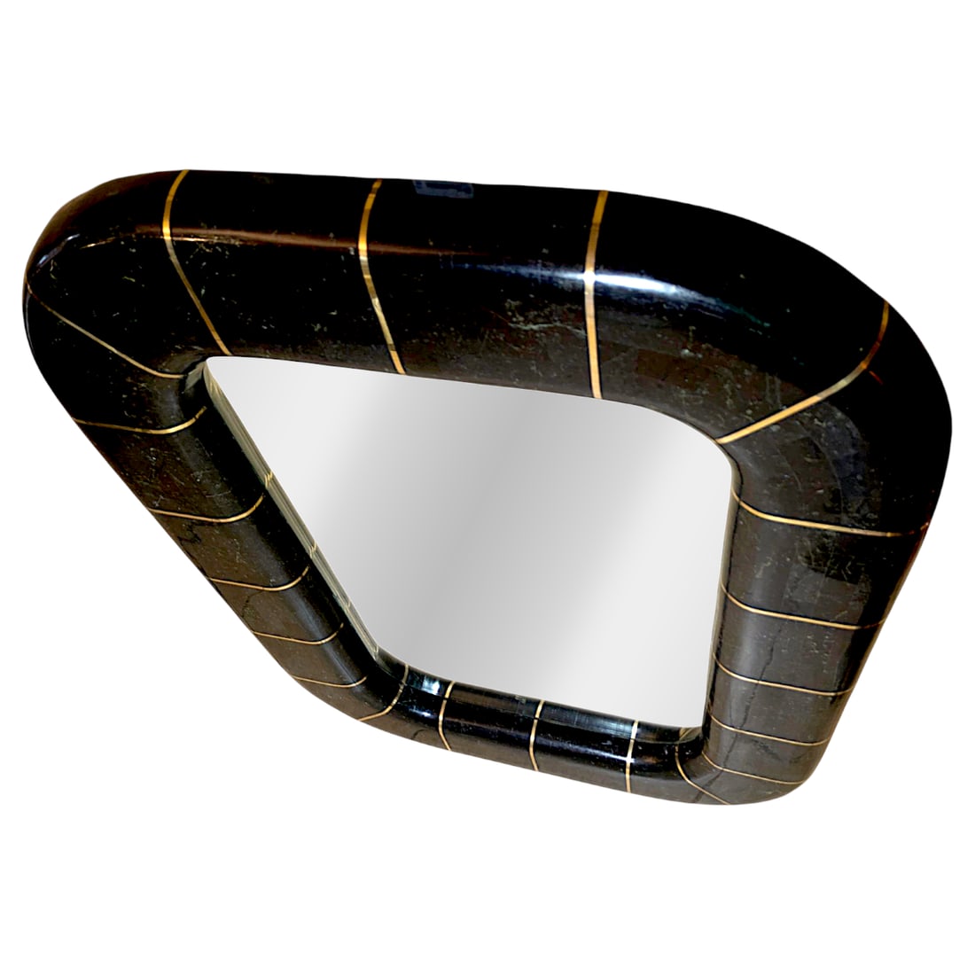 1980s Postmodern Tessellated Stone Wall Mirror Inlaid Brass Spokes Attrib. Maitland-Smith - 4