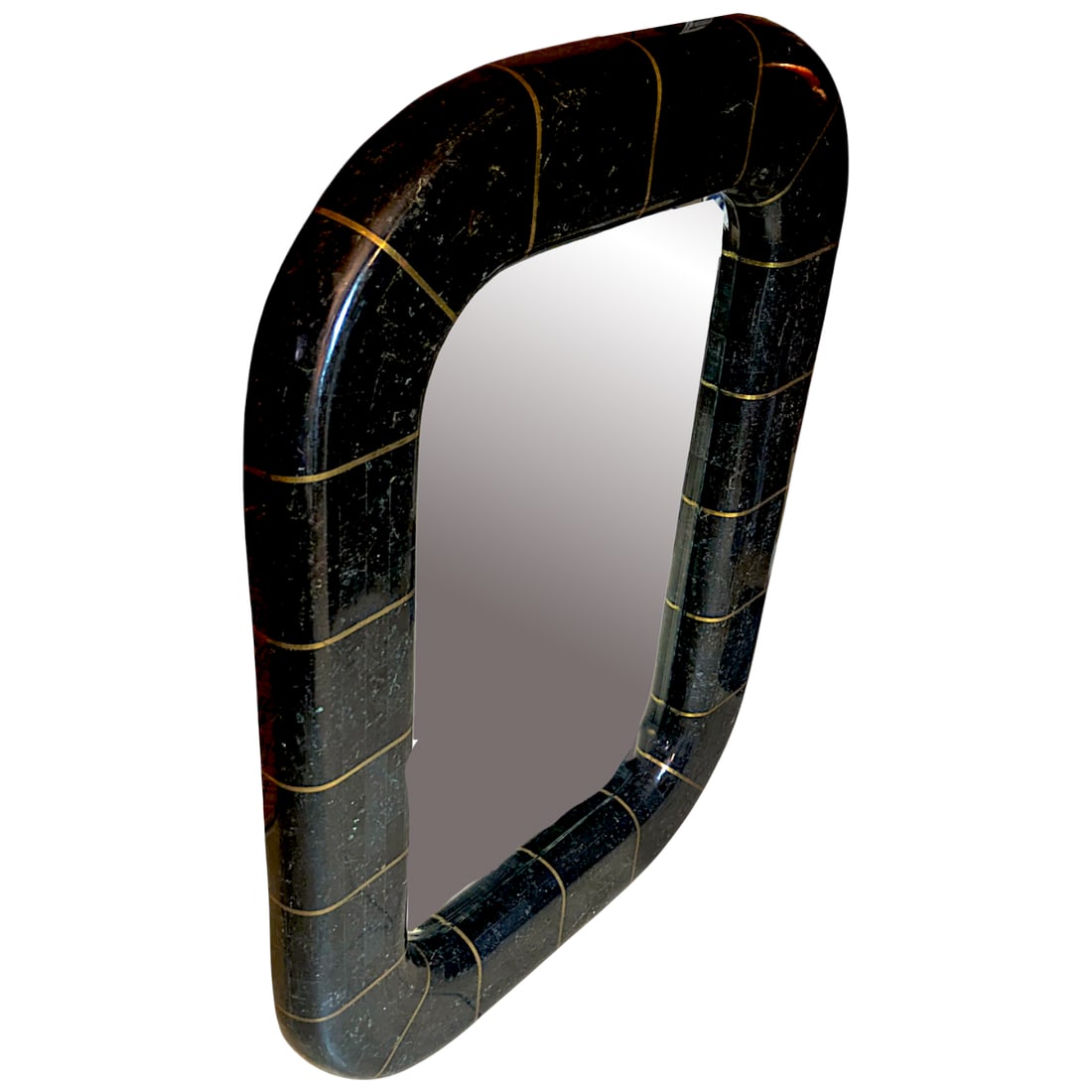 1980s Postmodern Tessellated Stone Wall Mirror Inlaid Brass Spokes Attrib. Maitland-Smith - 5