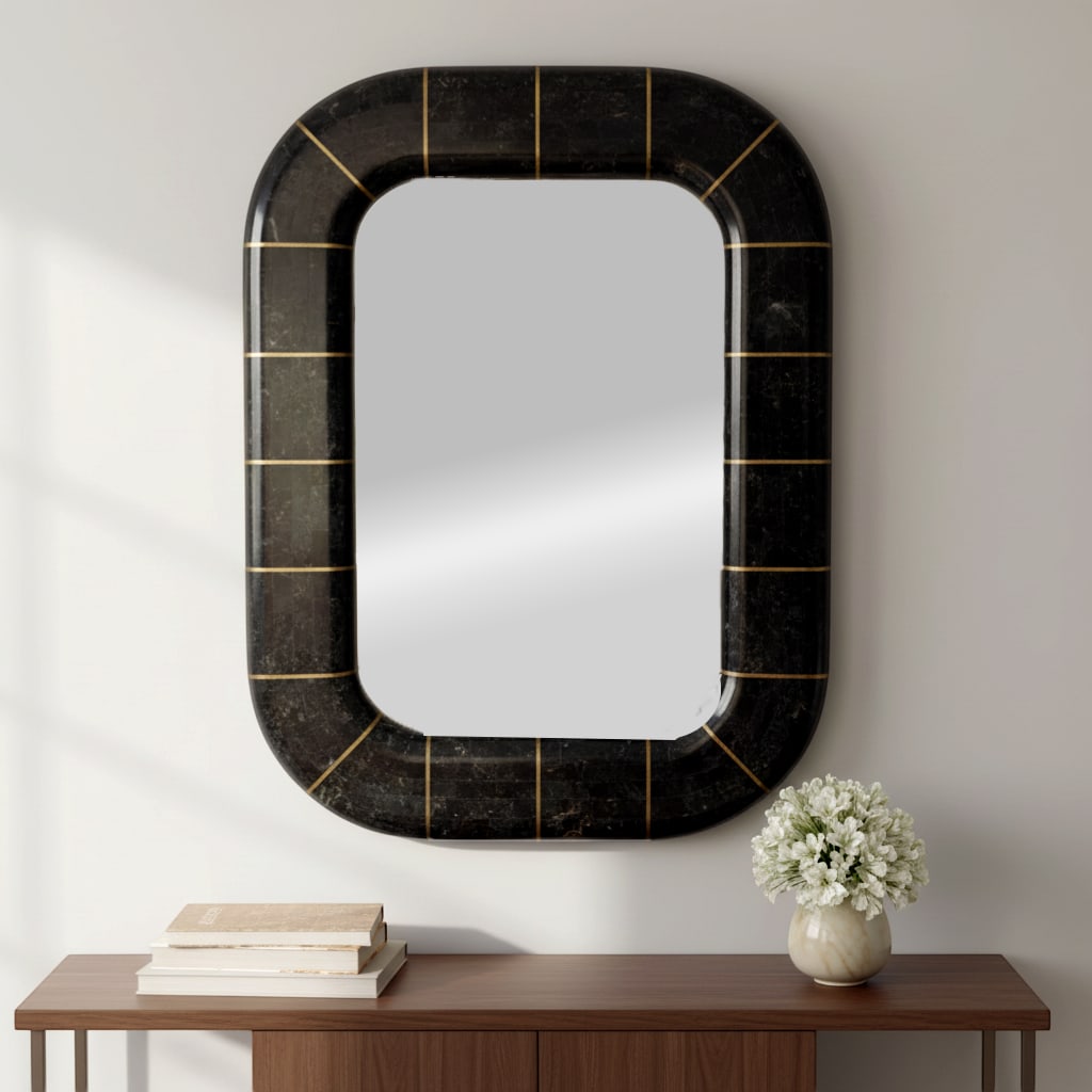 1980s Postmodern Tessellated Stone Wall Mirror Inlaid Brass Spokes Attrib. Maitland-Smith - 8