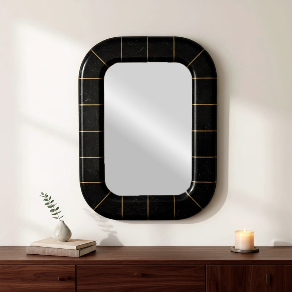 1980s Postmodern Tessellated Stone Wall Mirror Inlaid Brass Spokes Attrib. Maitland-Smith - 9