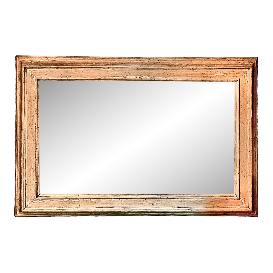 Large Rectangular Stripped Oak Worm Wood Thick Framed Farmhouse Style Beveled Wall Mirror: The rustic oak stripped oak wormwood wall mirror exudes a charming and timeless French country farmhouse appeal with its intricate details and natural wood finish. This stunning piece combines rustic