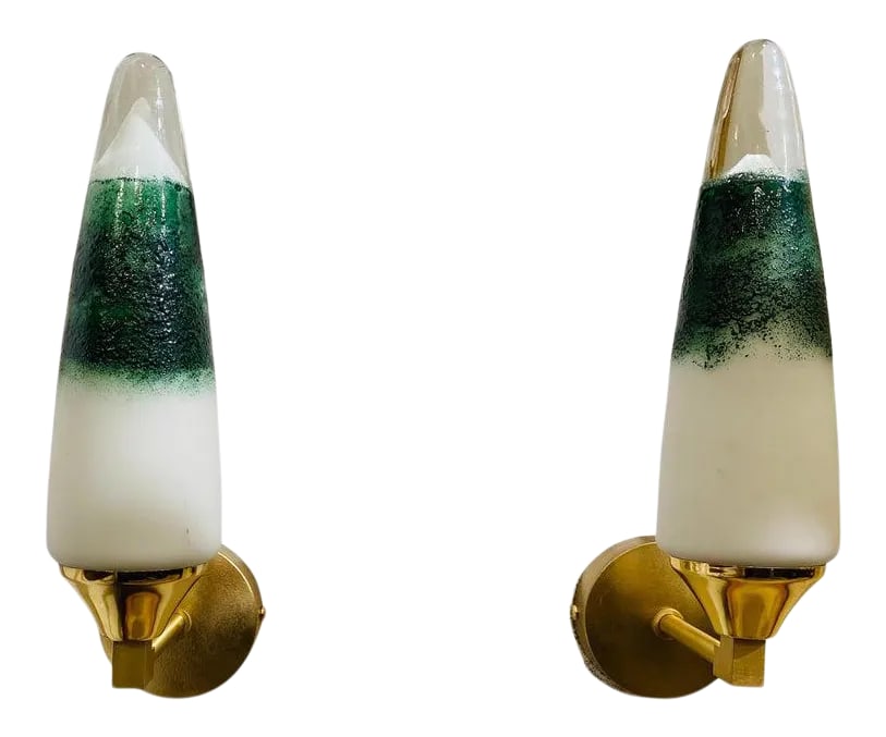 Pair of 1980s Italian Murano Glass Wall Lights: A great pair of original 1980s sconces with polished and satin brass fixtures with hand blown green/white/clear Murano glass shades. Rewired. Condition: Alterations: Original Condition Unaltered Imper