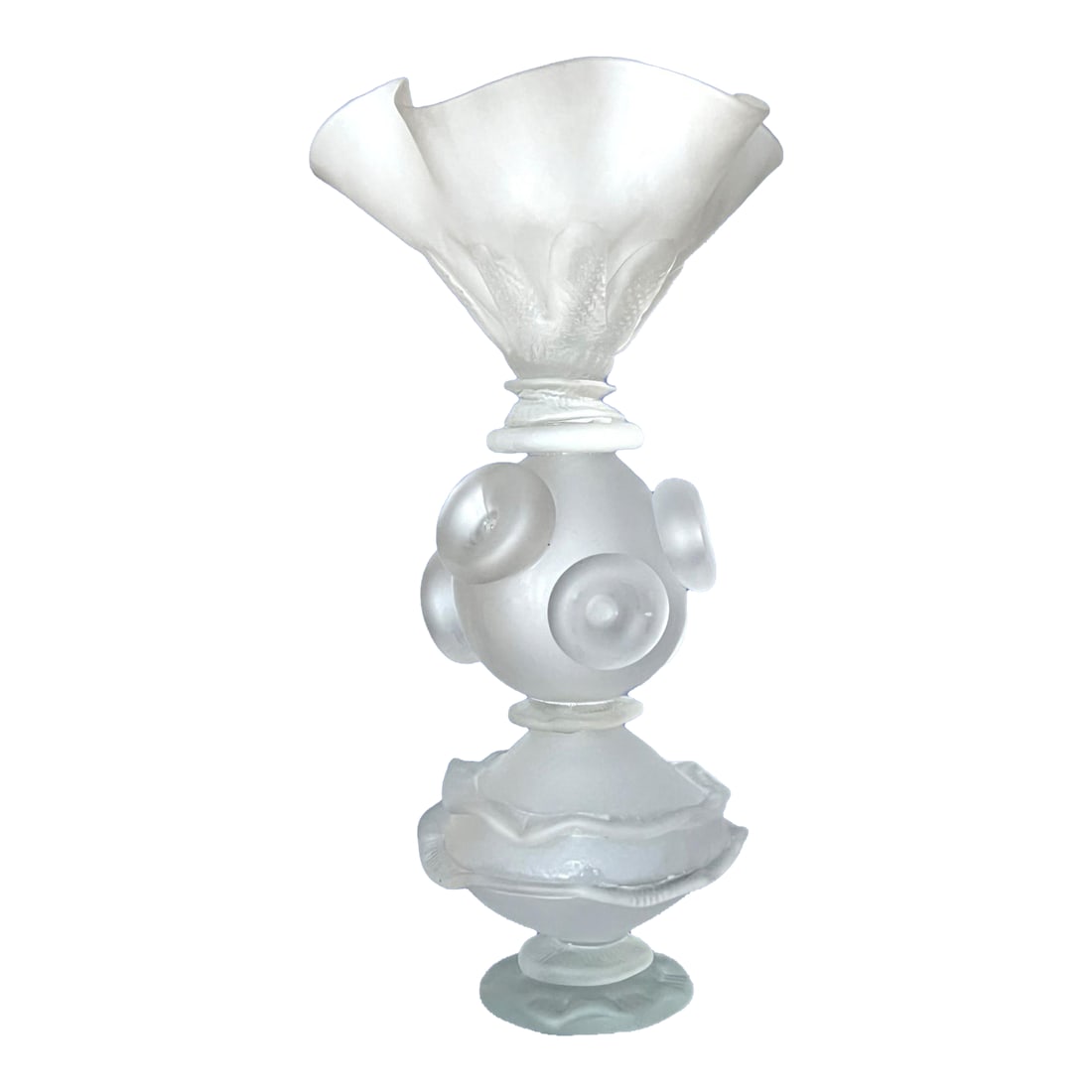 Vintage Satin Glass Centerpiece in the Style of Lalique: The object is a sculptural frosted glass decorative piece, like a centerpiece, likely Art Deco-inspired with strong similarities to French molded glass traditions such as Lalique, Sabine or later
