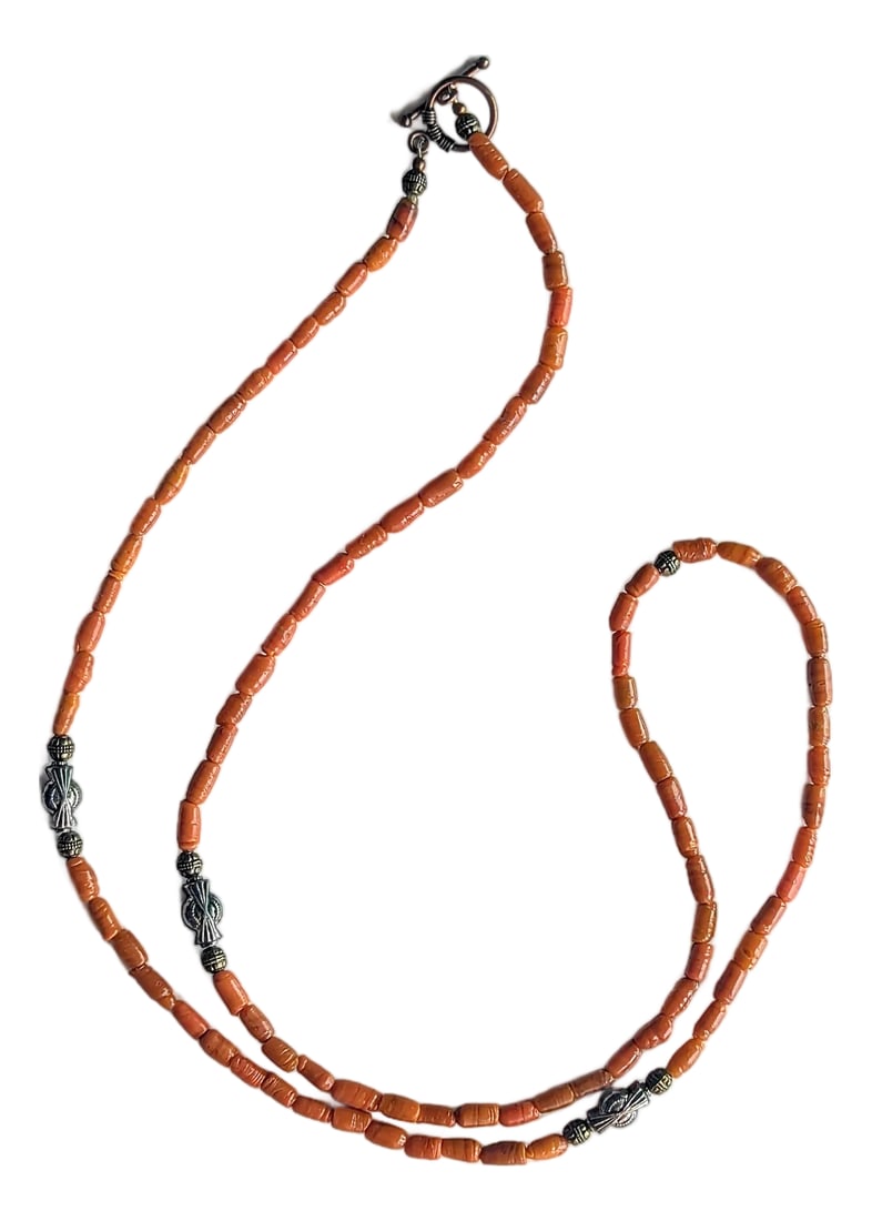 38" Mid-Century Coral Necklace With Accented With Detailed Metal: Coral necklace, antique and could be from a variety of locations Russian, Mediterranean most likely. Alternating with ornate metal accents, could be classified as Victorian Condition: Alterations: Ori