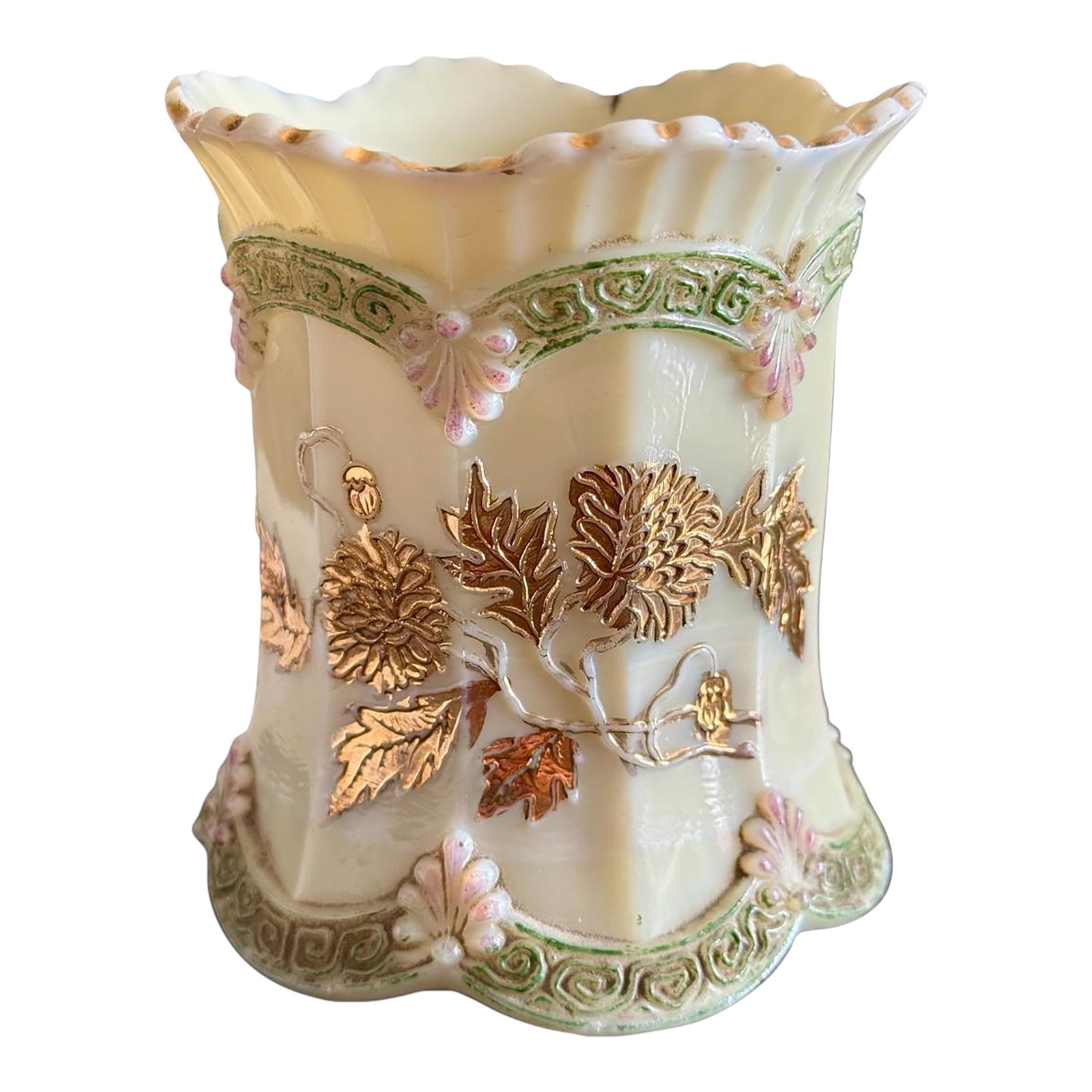 Antique Northwood Chrysanthemum Sprig Custard Glass Spooner-Uranium Art Glass: This antique custard glass spooner was produced by the Northwood Glass Company in Wheeling, West Virginia, circa 1904-1908, during the golden age of American pressed glass. Featuring the highly collec