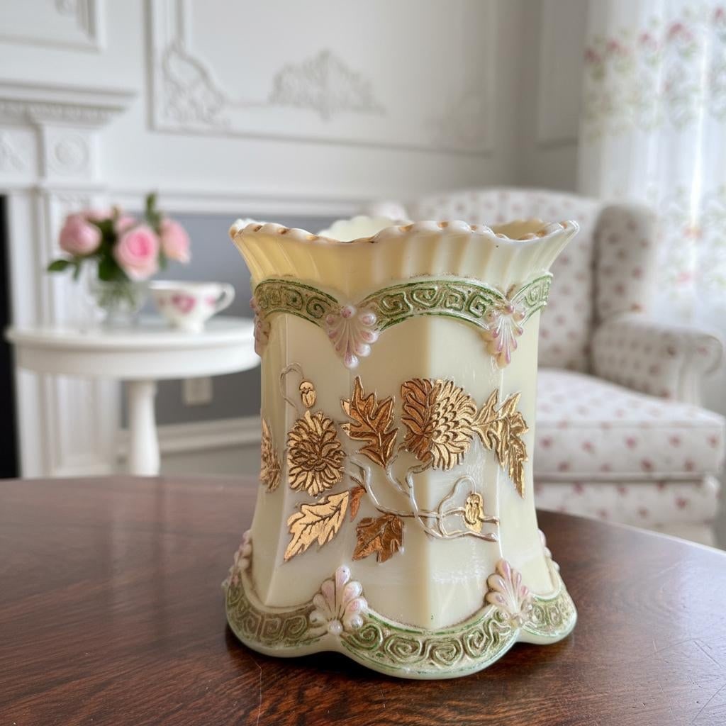 Antique Northwood Chrysanthemum Sprig Custard Glass Spooner-Uranium Art Glass - 3