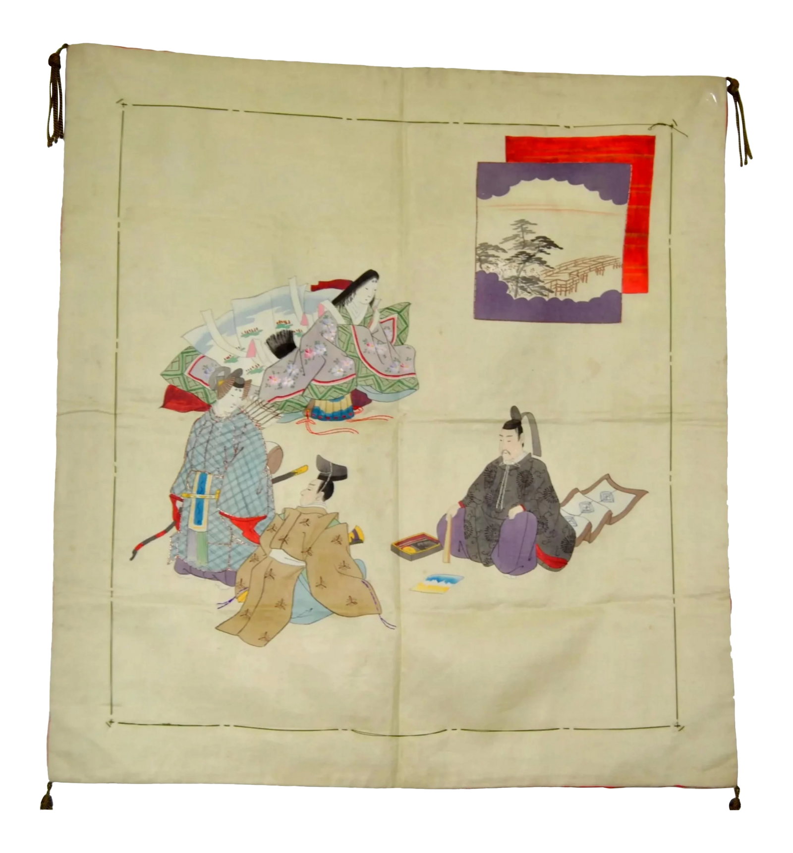 Early 20th Century Japanese Silk Hand Painted Wall Display Art: This piece of textile art is hand painted in ink technique on silk with the reverse side of red woven silk. Makes a wonderful, conversation piece on display. See photo attached. Japanese "Tales of Gen