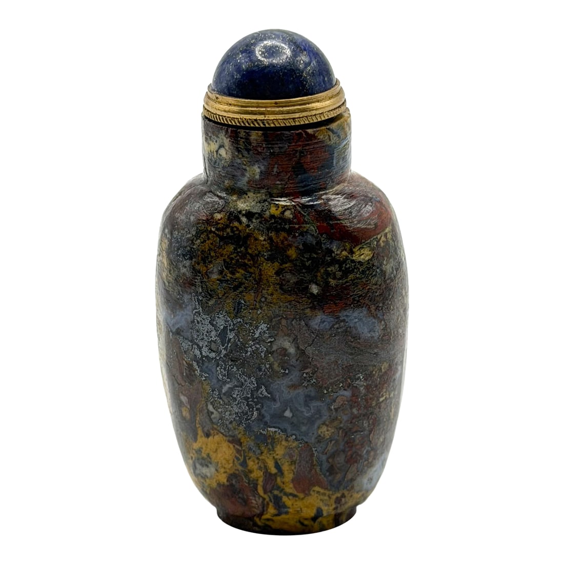 Colorful Vintage Stone Snuff Bottle: This is the most colorful stone snuff bottle from my collection. The rock identifier suggested three different stones from Limonite, Bronzite, Pietersite and Agate. Whatever stone it is, the snuff