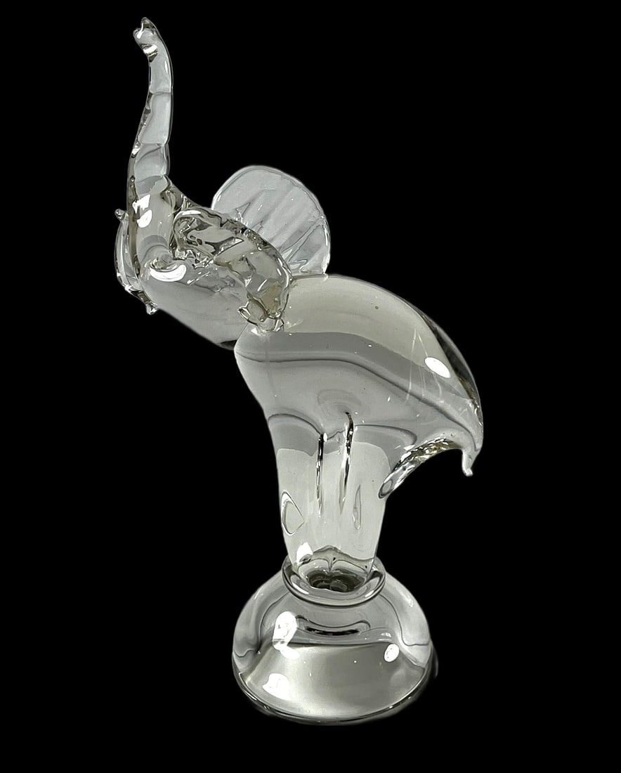 Late 20th Century Clear Art Glass Elephant Sculpture With Raised Trunk Attributed to Murano - 2