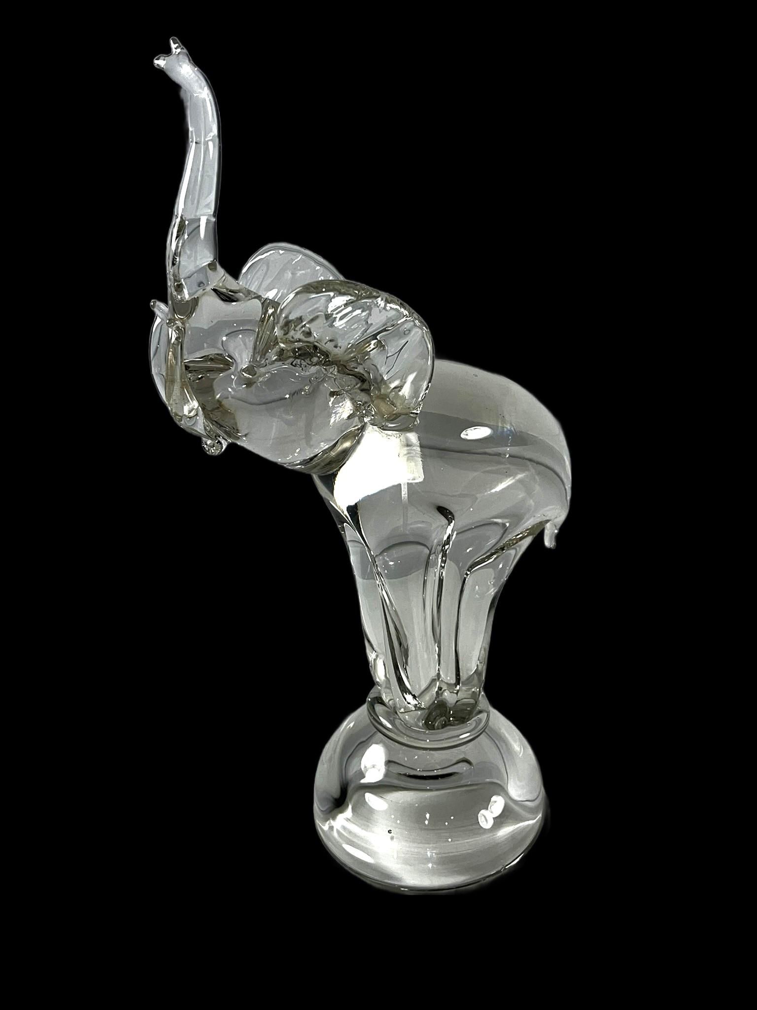Late 20th Century Clear Art Glass Elephant Sculpture With Raised Trunk Attributed to Murano - 7