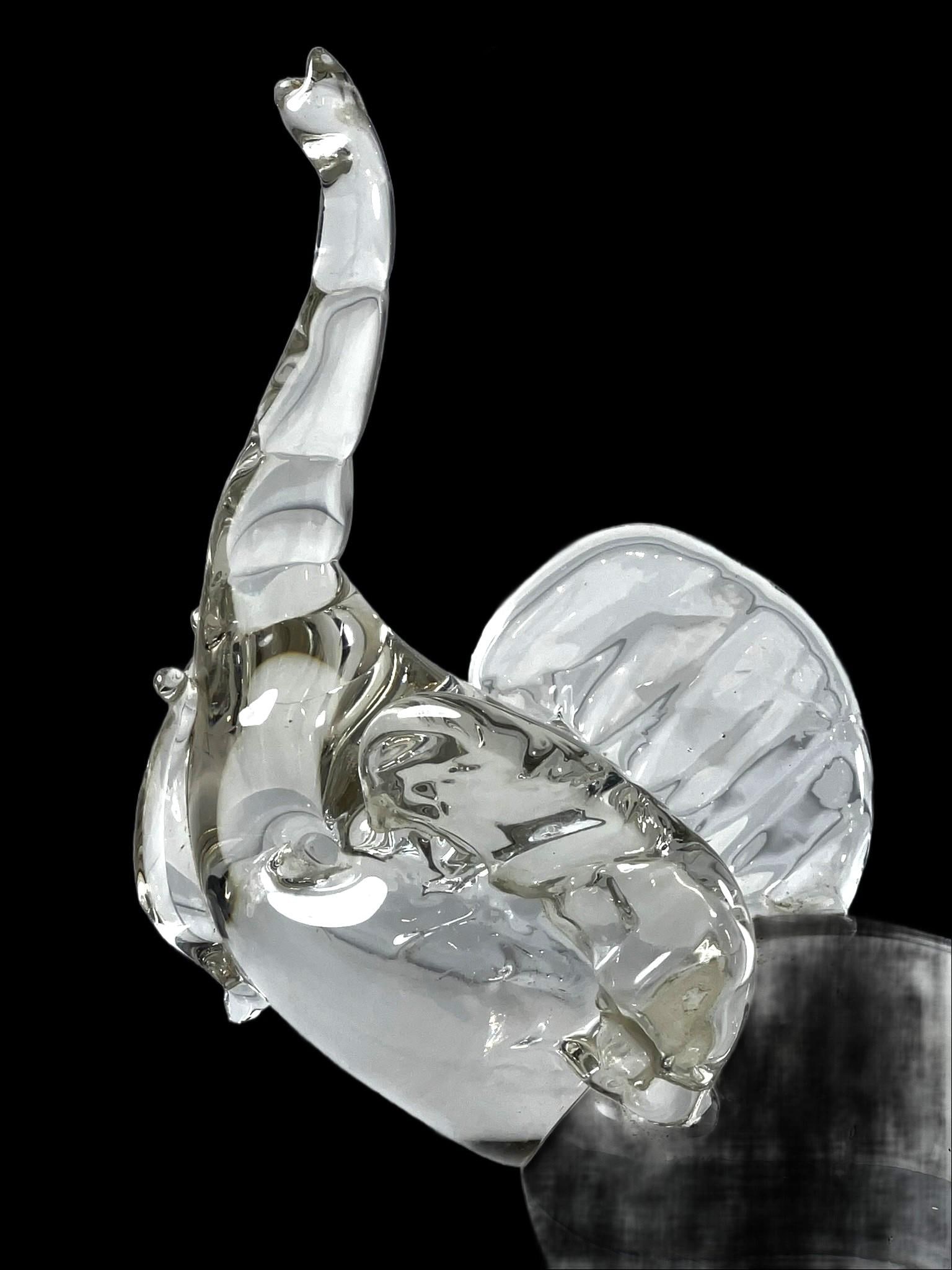 Late 20th Century Clear Art Glass Elephant Sculpture With Raised Trunk Attributed to Murano - 8
