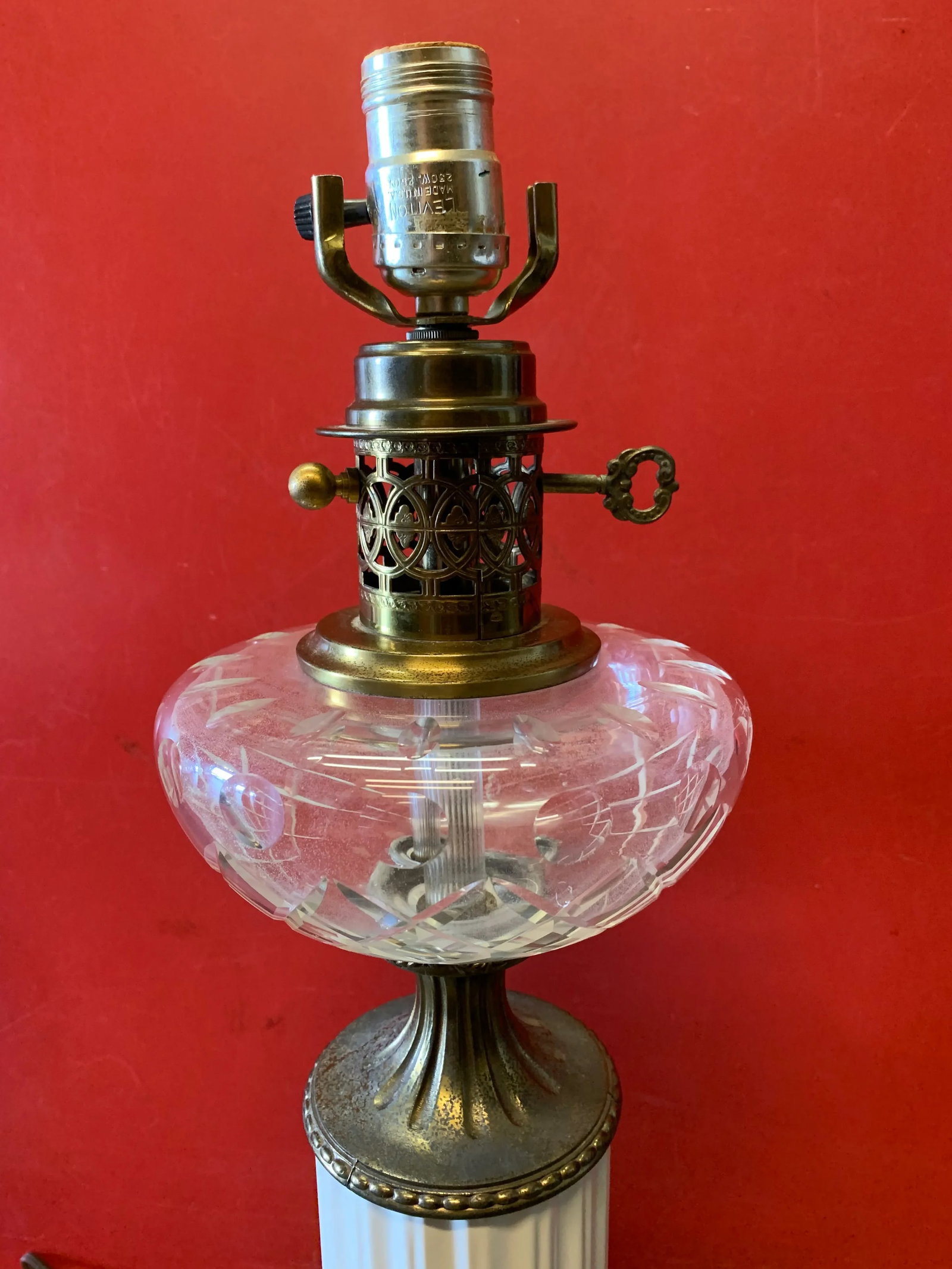 Vintage White Column With Brass & Black Marble Base Lamps - A Pair - 10