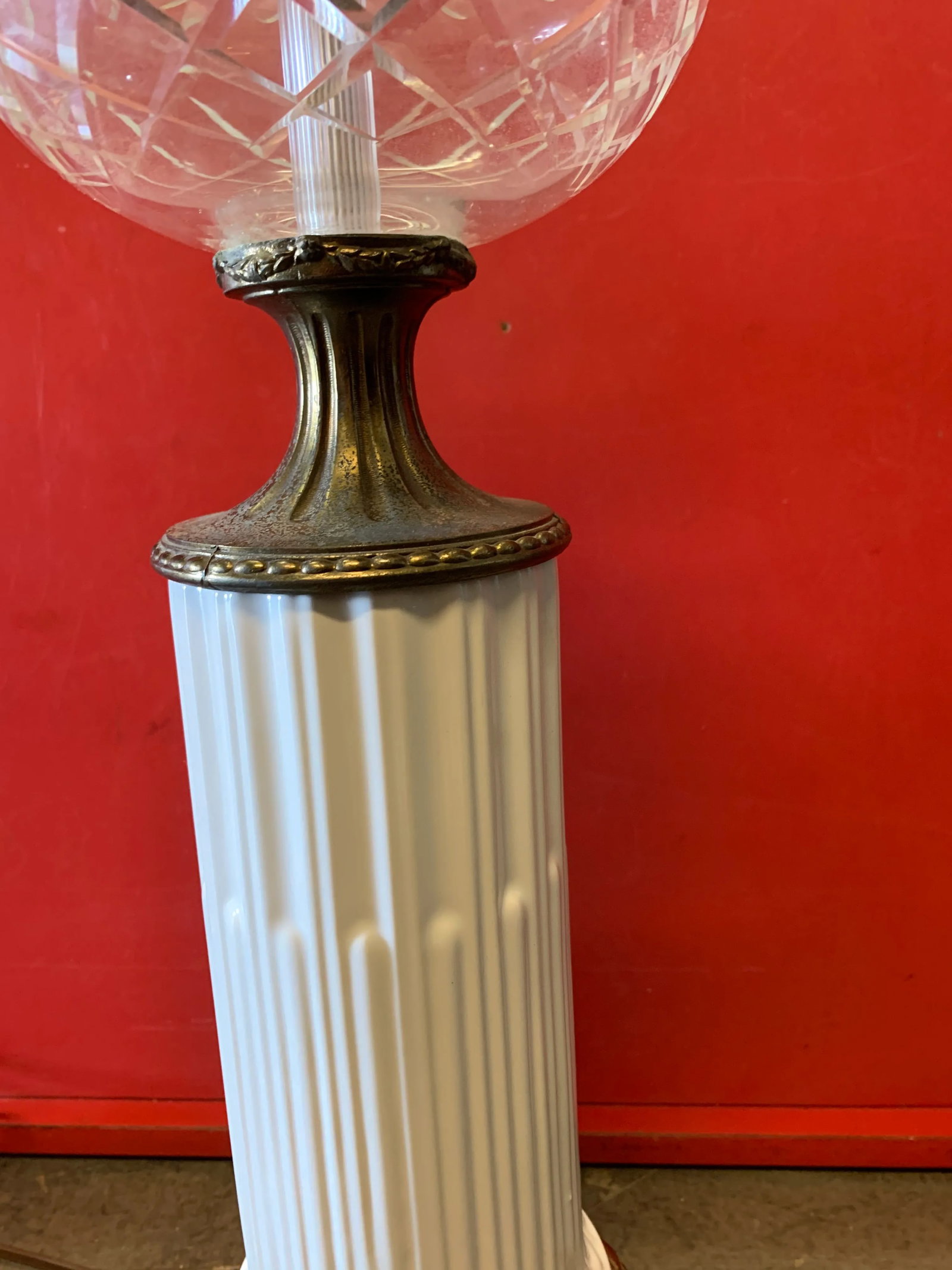 Vintage White Column With Brass & Black Marble Base Lamps - A Pair - 8