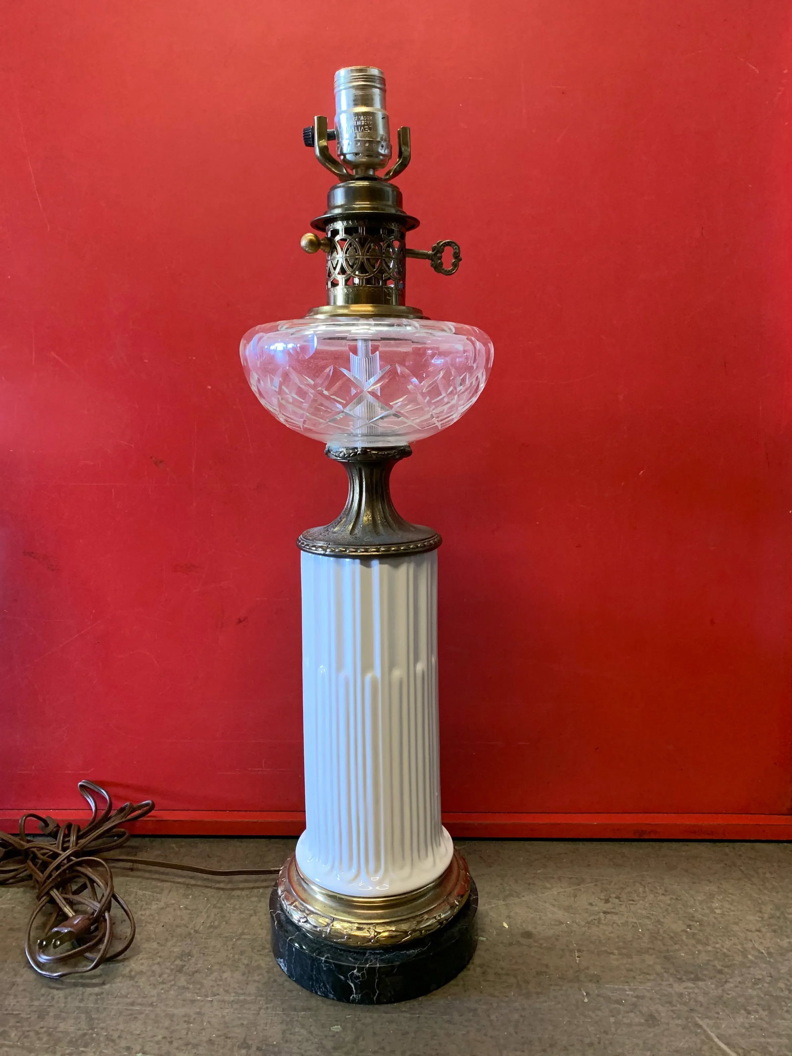 Vintage White Column With Brass & Black Marble Base Lamps - A Pair - 9