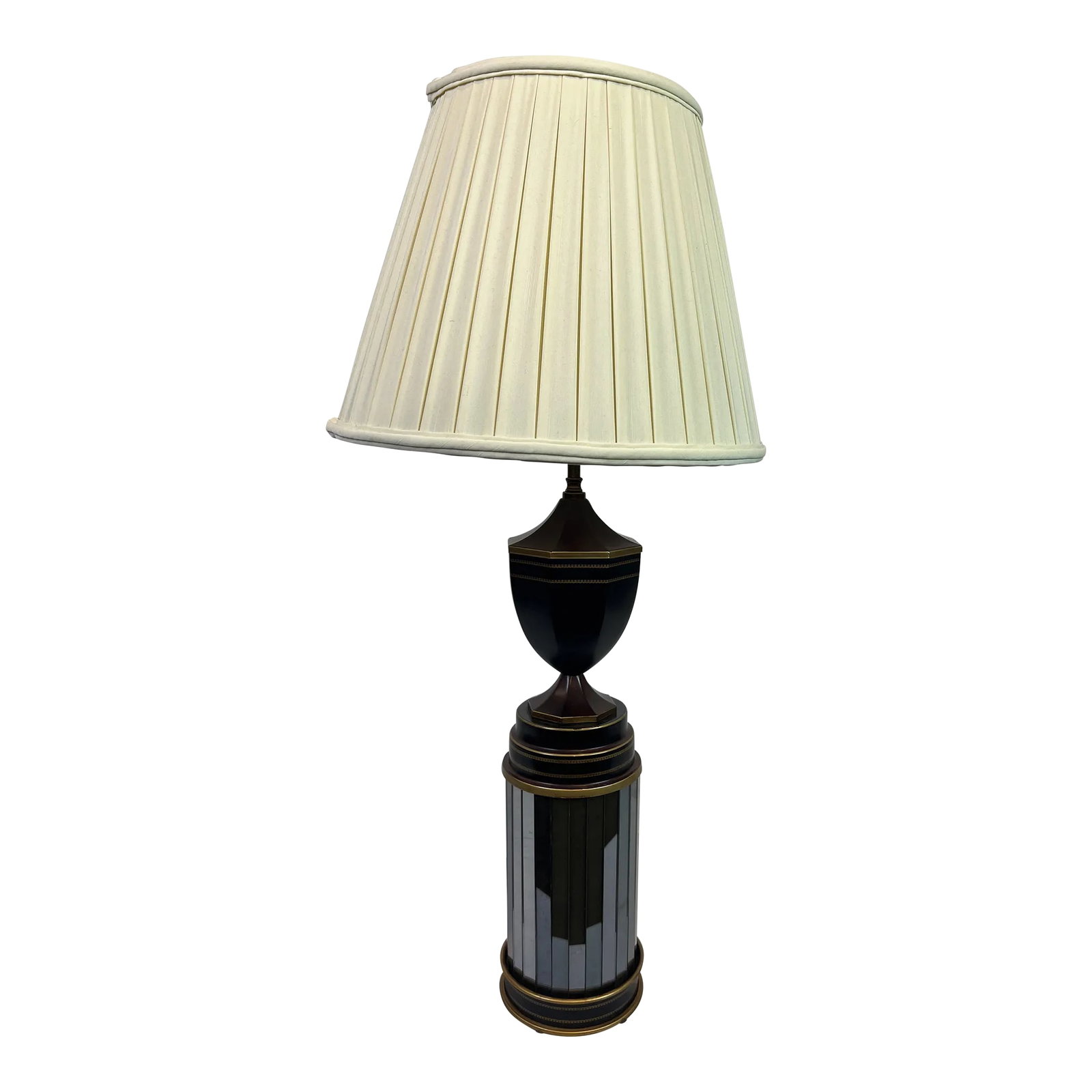 Italian Hand-Painted Tole Lamp Featuring Ebony Finish With Gold Accents and Mirrored Panels: Hand-painted tole lamp featuring an elegant ebony finish with gold accents and mirrored panels. Created in Italy. Condition: Alterations: Original Condition Unaltered Imperfections: Some