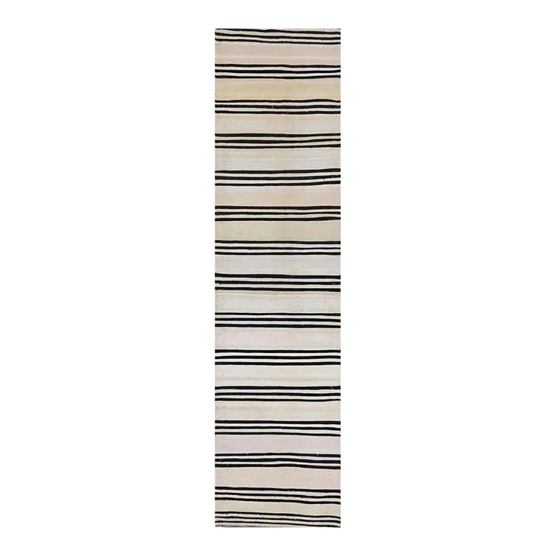 Handwoven Flatweave Scandinavian Style Kilim Runner Rug 3'0'' X 12'7'': ACTUAL SIZE: 3'0'' x 12'7'' PRIMARY COLOR: Ivory / Black AGE: New MATERIALS: Wool FOUNDATION: Cotton PRODUCTION: Handwoven, Flat Weave CONDITION: Excellent Condition: Imperfections: No Imperfections