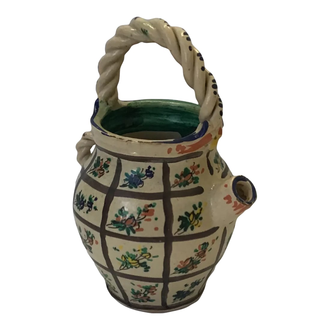 Italian Clay Worked Floral Water Jug: Old Italian clay work basket jug. Coiled handles with hand painted floral around the body. This beautiful vintage piece was hand built. Condition: Alterations: Original Condition Unaltered