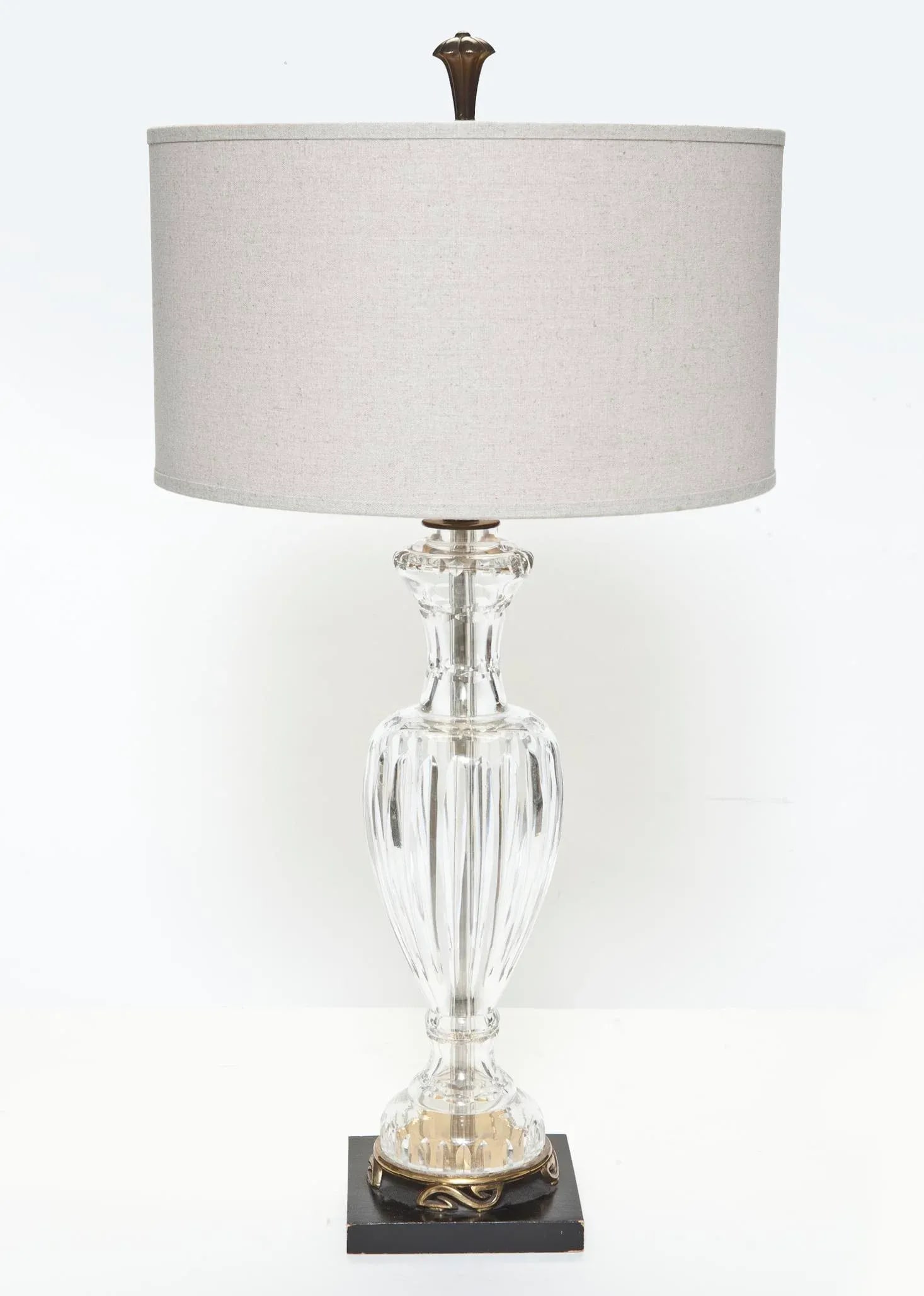 Mid 20th Century Vintage Waterford Style Crystal Lamp on Brass & Ebony Wood Base - 2