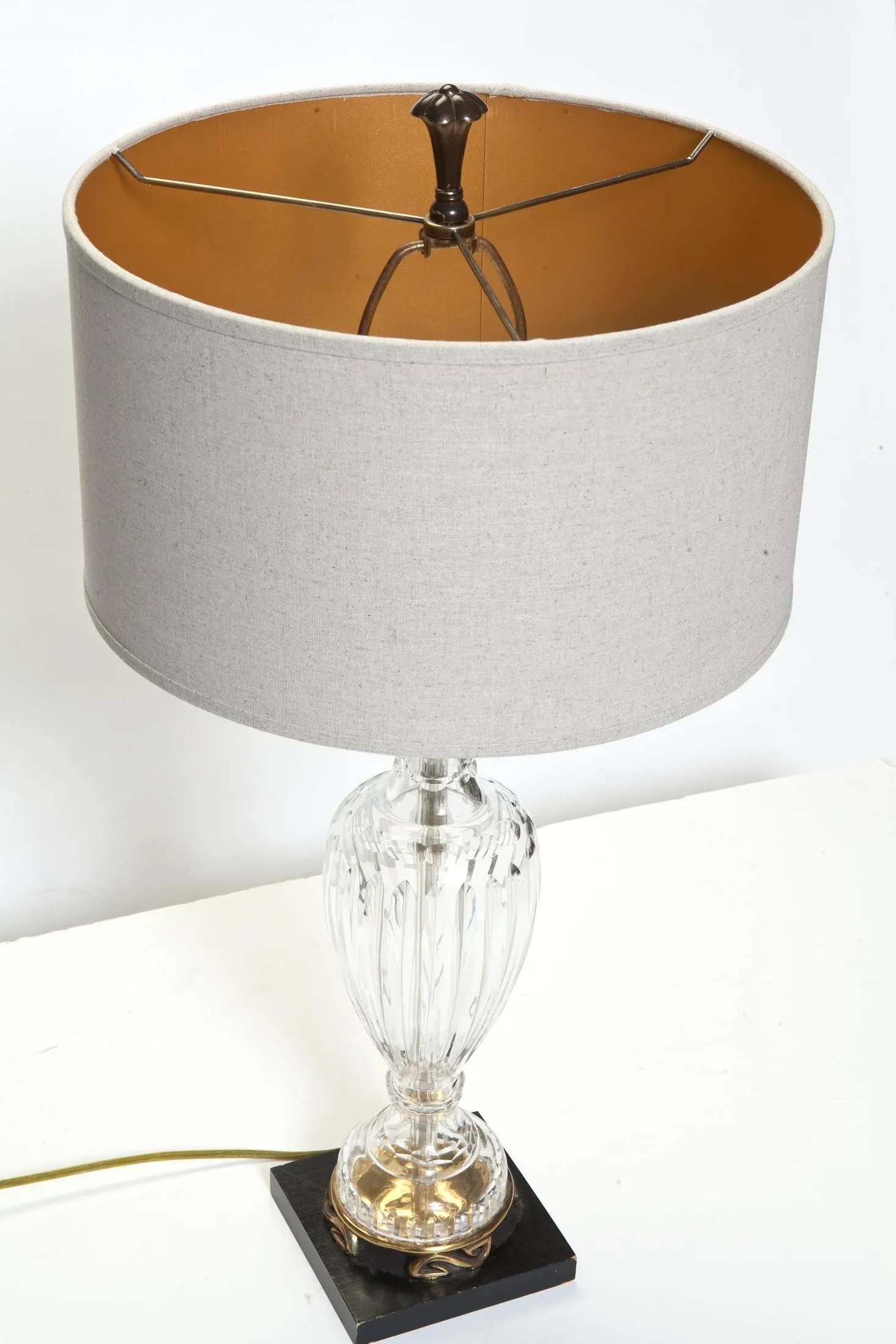 Mid 20th Century Vintage Waterford Style Crystal Lamp on Brass & Ebony Wood Base - 4