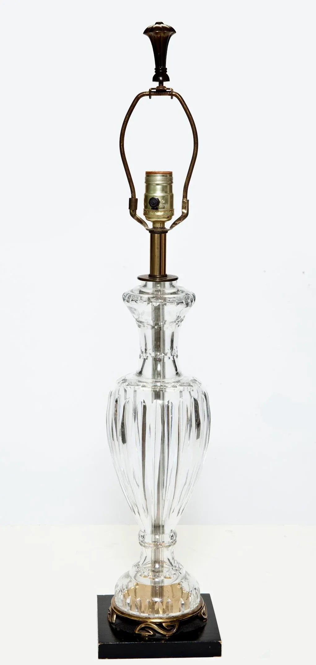 Mid 20th Century Vintage Waterford Style Crystal Lamp on Brass & Ebony Wood Base - 9