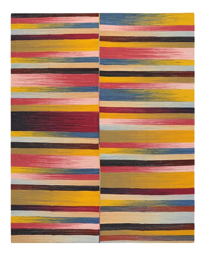 Handwoven Flatweave Scandinavian Style Kilim Area Rug 5'6'' X 6'7'': This remarkable contemporary Scandinavian Style Kilim area rug features a dramatic pop of electrifying colors in a playfully rich design. The innovative modern use of colors certainly brings a