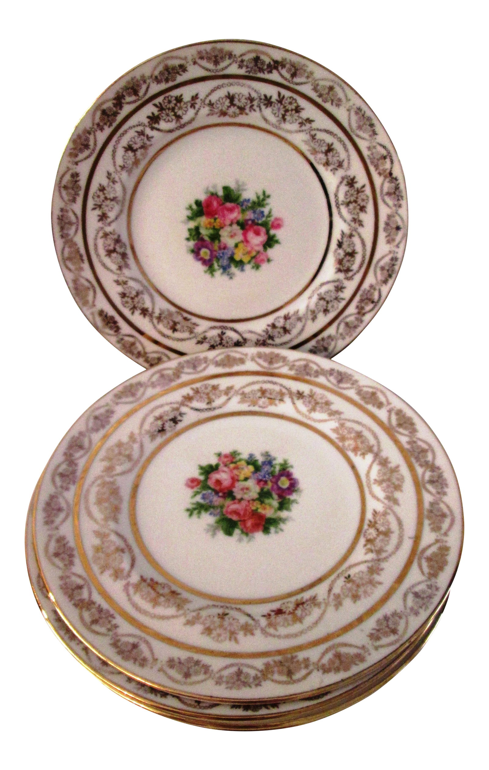 Vintage 22k Floral Dessert Plates - Set of 6: Mid-century set of six Atlas China porcelain dessert/salad/bread plates featuring a floral design in center with 22 karat gold embellishments around perimeter also in a floral design. Marked underside