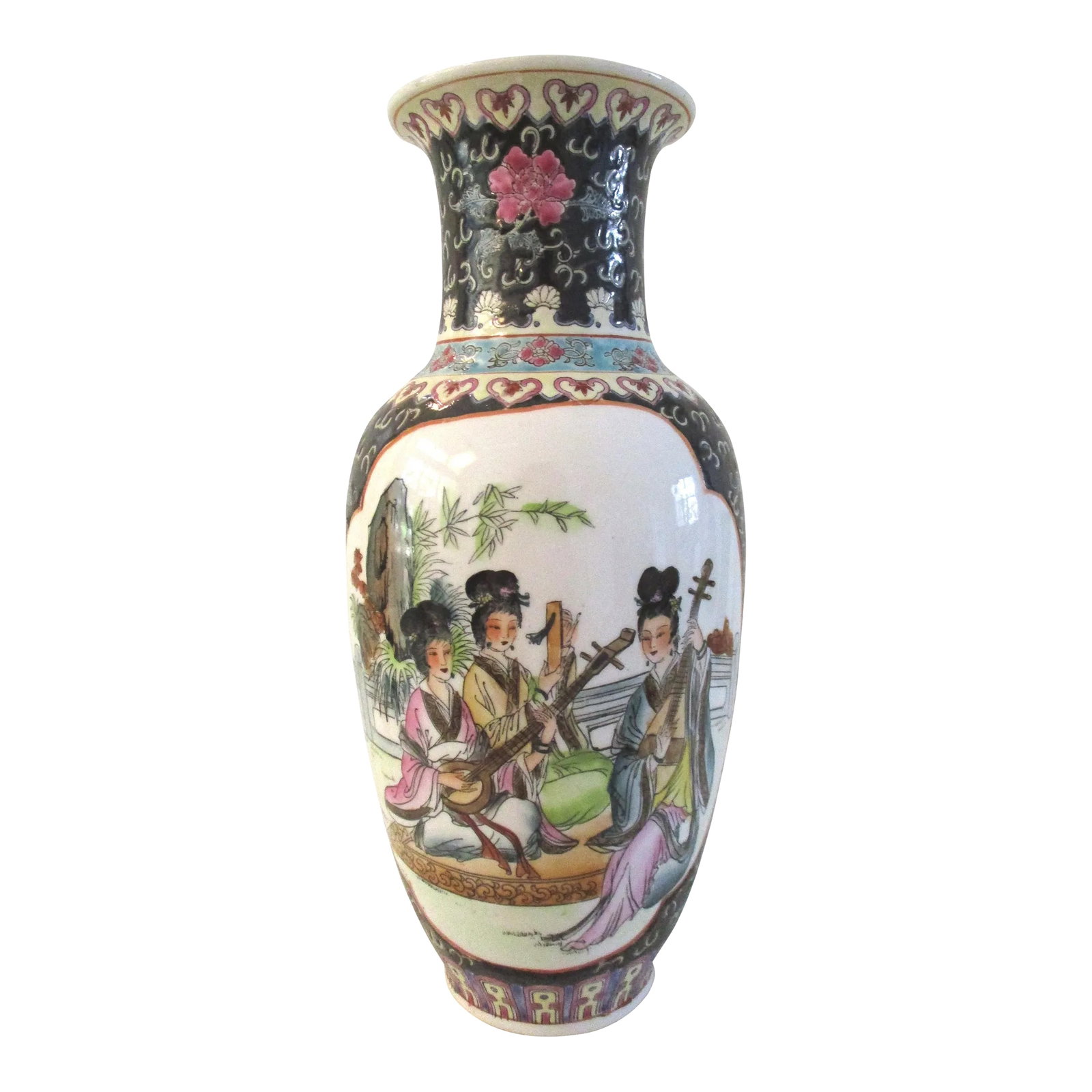 Mid-Century Black Chinese Geisha Floral Vase: Exquisite generous size striking black porcelain Chinese vase featuring a hand-painted design on front and back of Geisha's playing musical instruments. Excellent condition. Condition: Alterations: