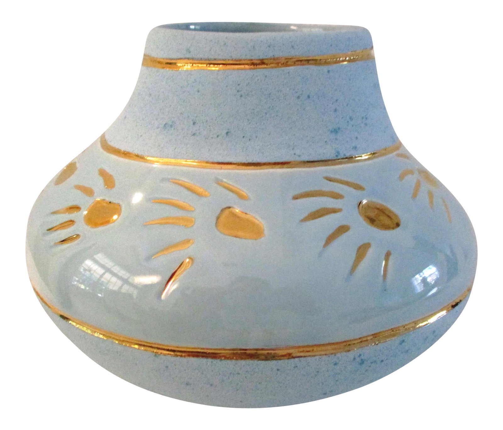 1980s Southwestern Russell's Originals Ceramic Blue & 22 K Gold Bowl: Colorful and bright Southwestern aqua blue bowl/vase featuring generous 22 karat gold accents around perimeter and a two tone glazed and matte finish. Signed underside "Russell's Originals. 22 Karat G