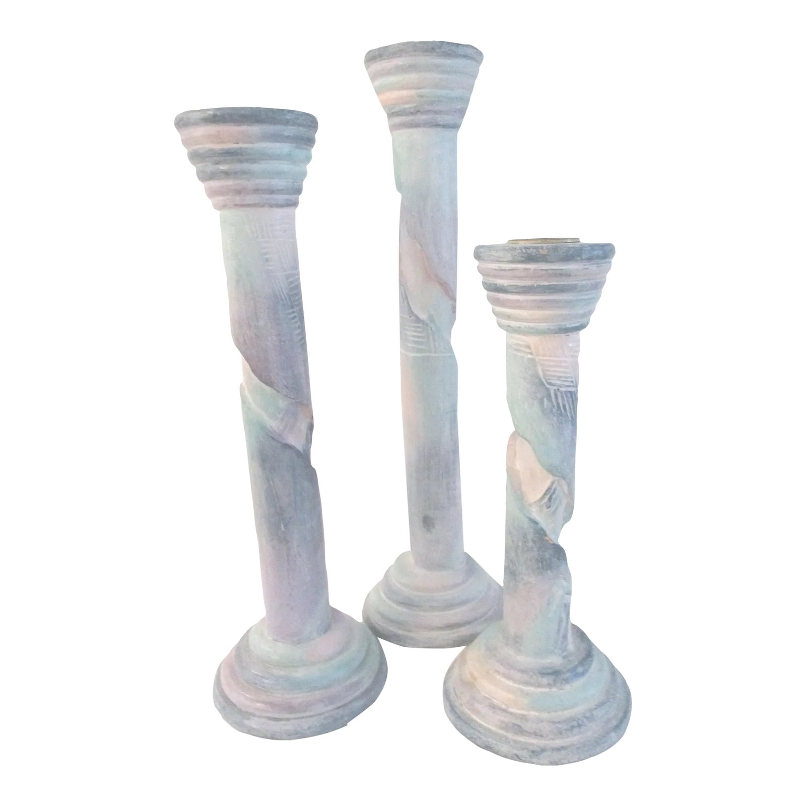 1980s Southwestern Pastel Shaded Wood Candle Holders, S/3: Vintage set of three carved wood candle holders hand-painted in pastel shades of blue, green, pink and lavender. Metal inserts on top to hold one taper candle. Bases wide enough to hold pillar