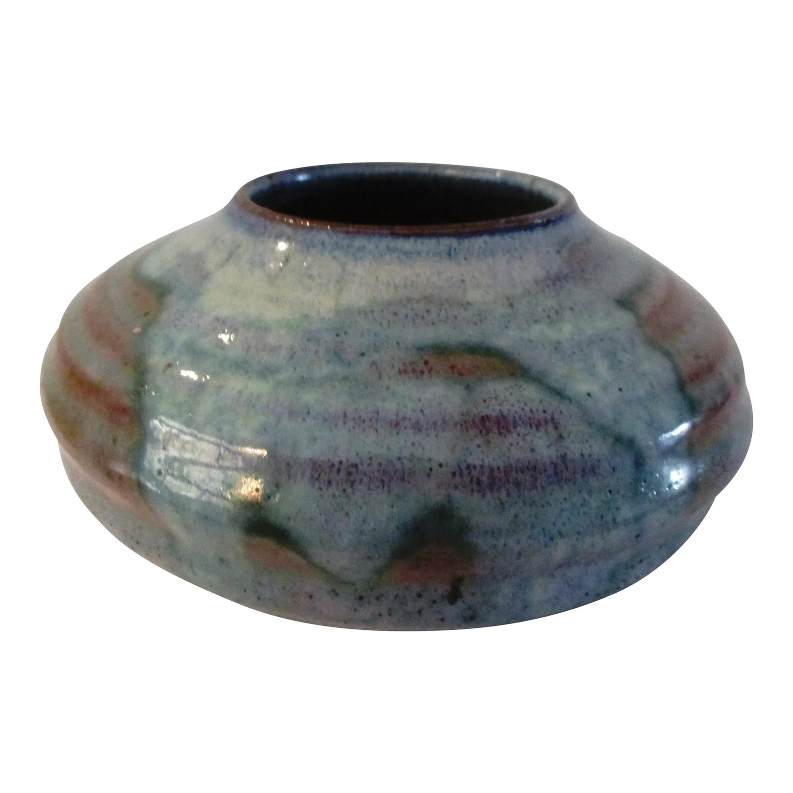 Jim Weber Studio Art Pottery Bowl: Stylish hand-made studio art pottery bowl in shades of blue, green and brown. Excellent condition. Made and signed by South Carolina potter Jim Weber. Condition: Alterations: Original Condition